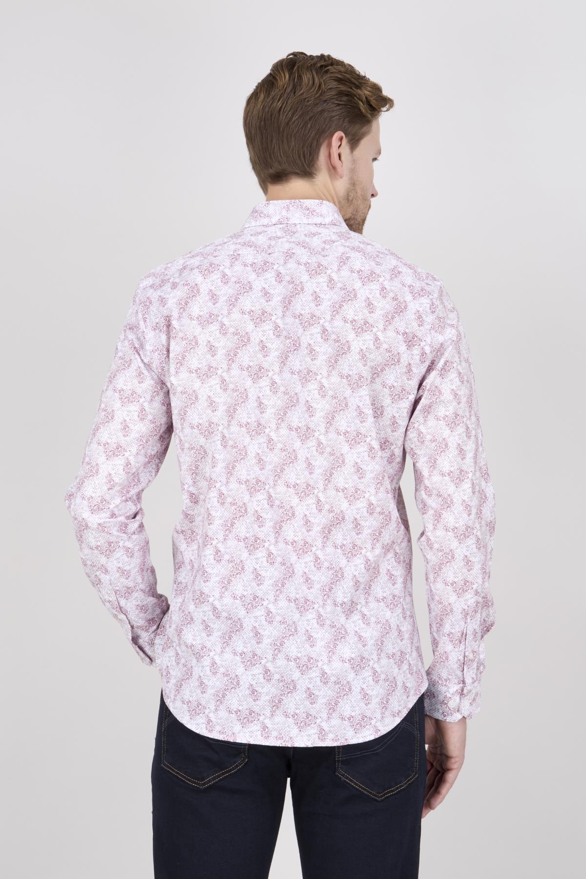 Erkek Slim Fit Beyaz Bordo Desenli Gömlek