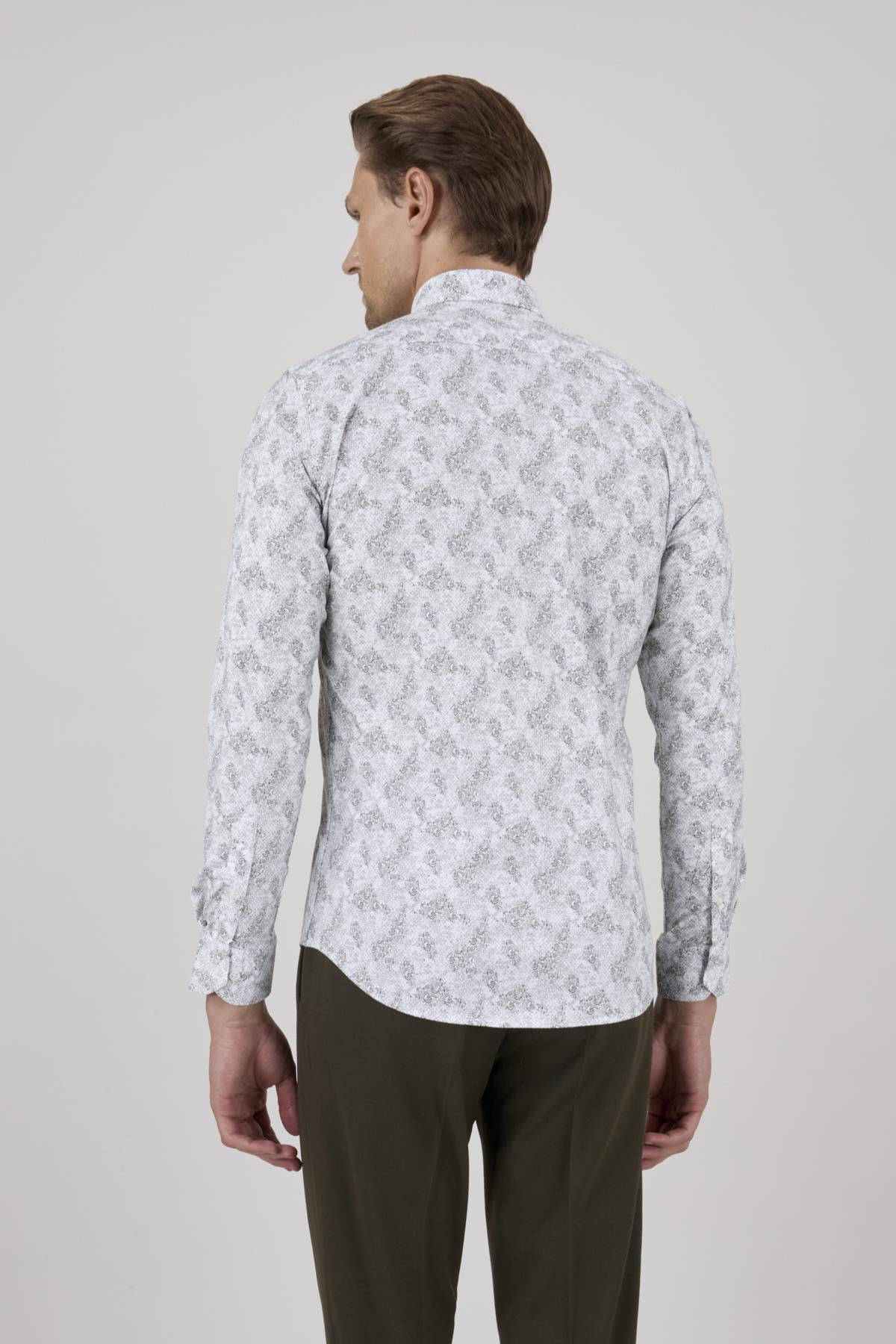 Erkek Slim Fit Beyaz Desenli Gri Gömlek
