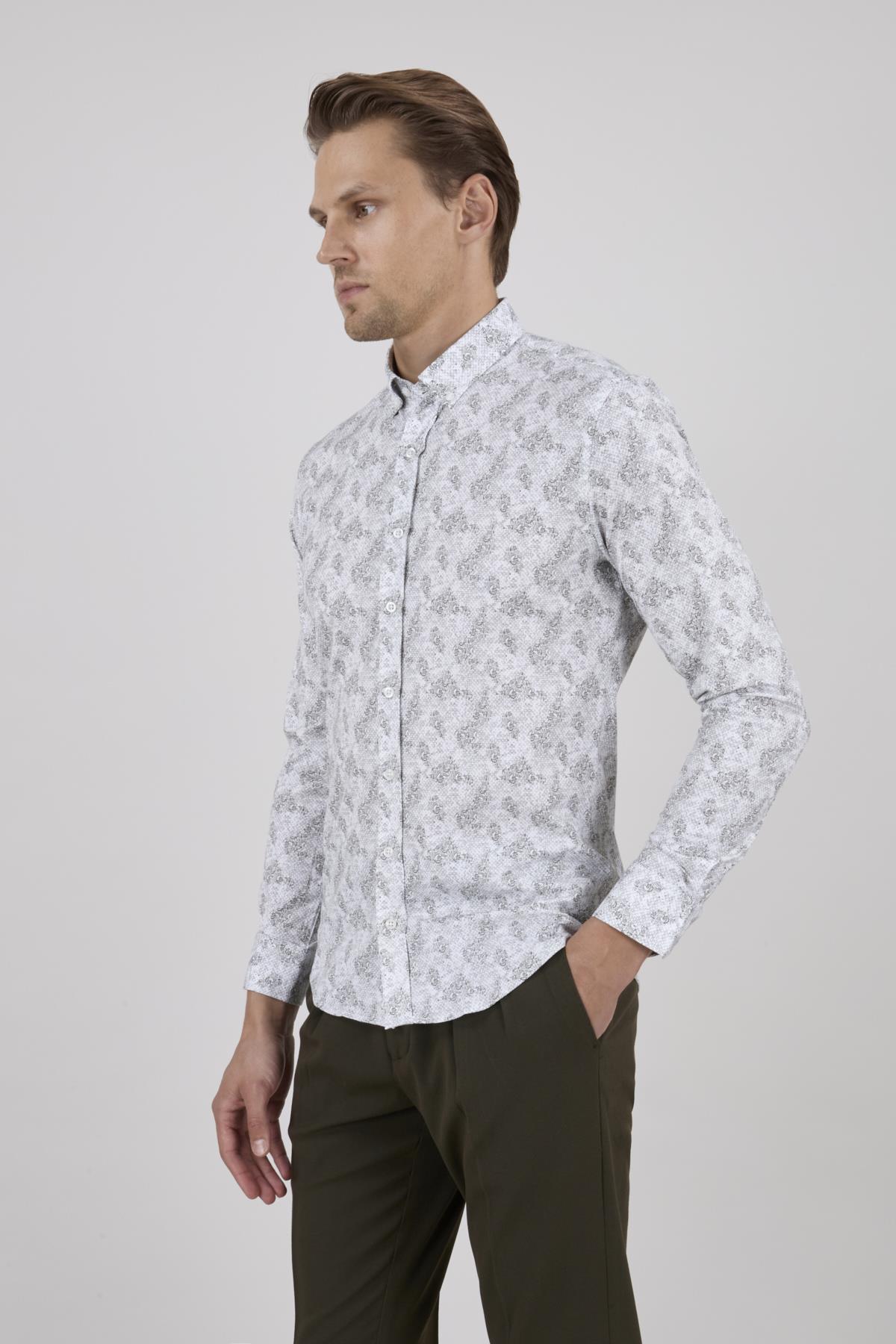 Erkek Slim Fit Beyaz Desenli Gri Gömlek