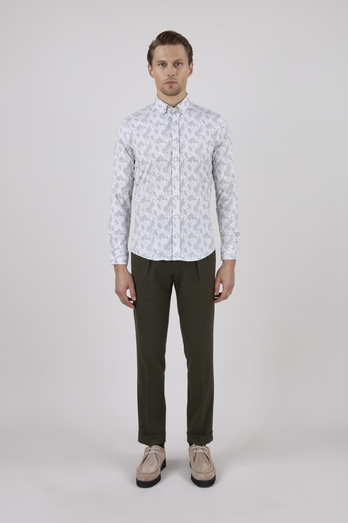 Erkek Slim Fit Beyaz Desenli Gri Gömlek