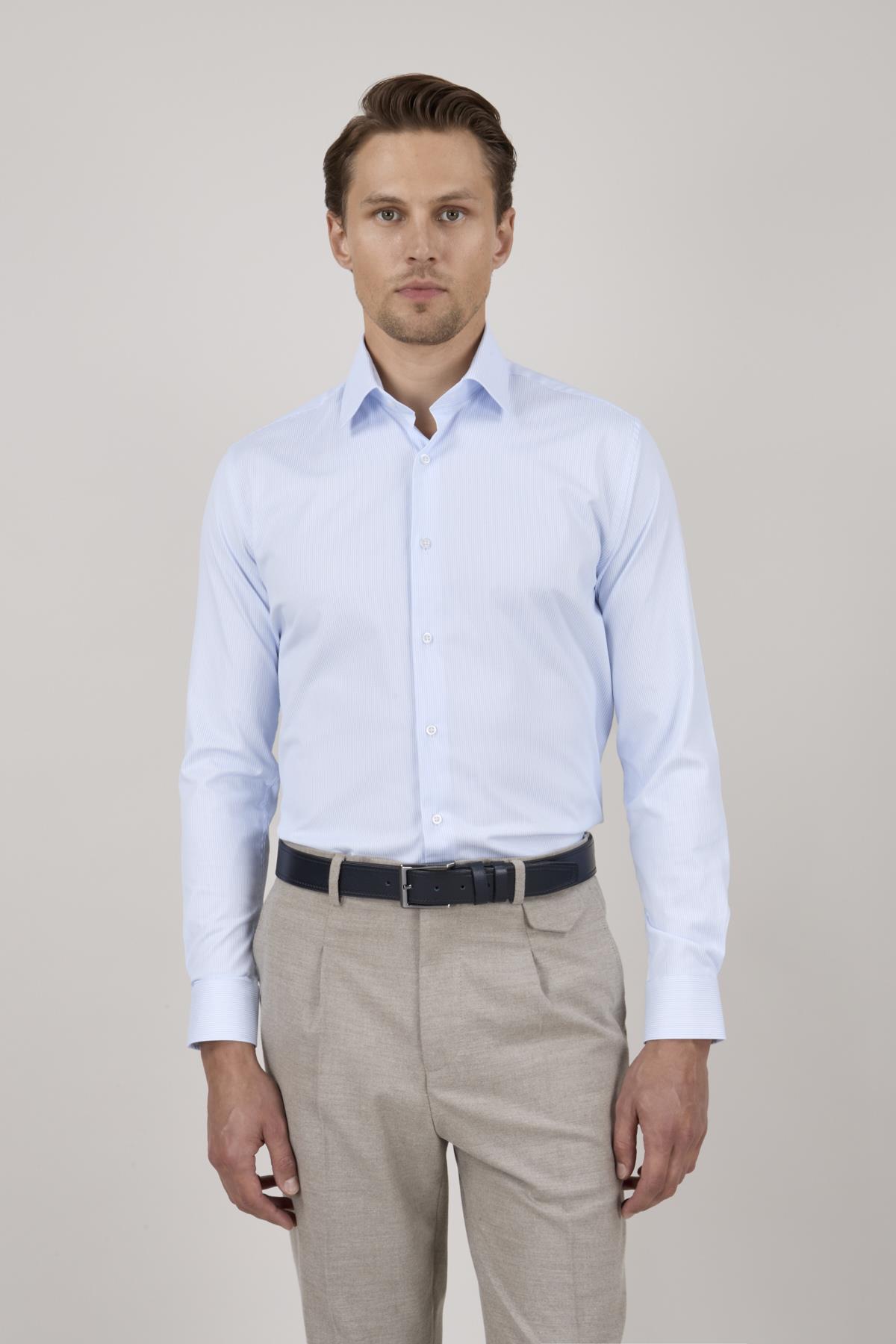 Erkek Slim Fit Çizgili Açık Mavi Gömlek