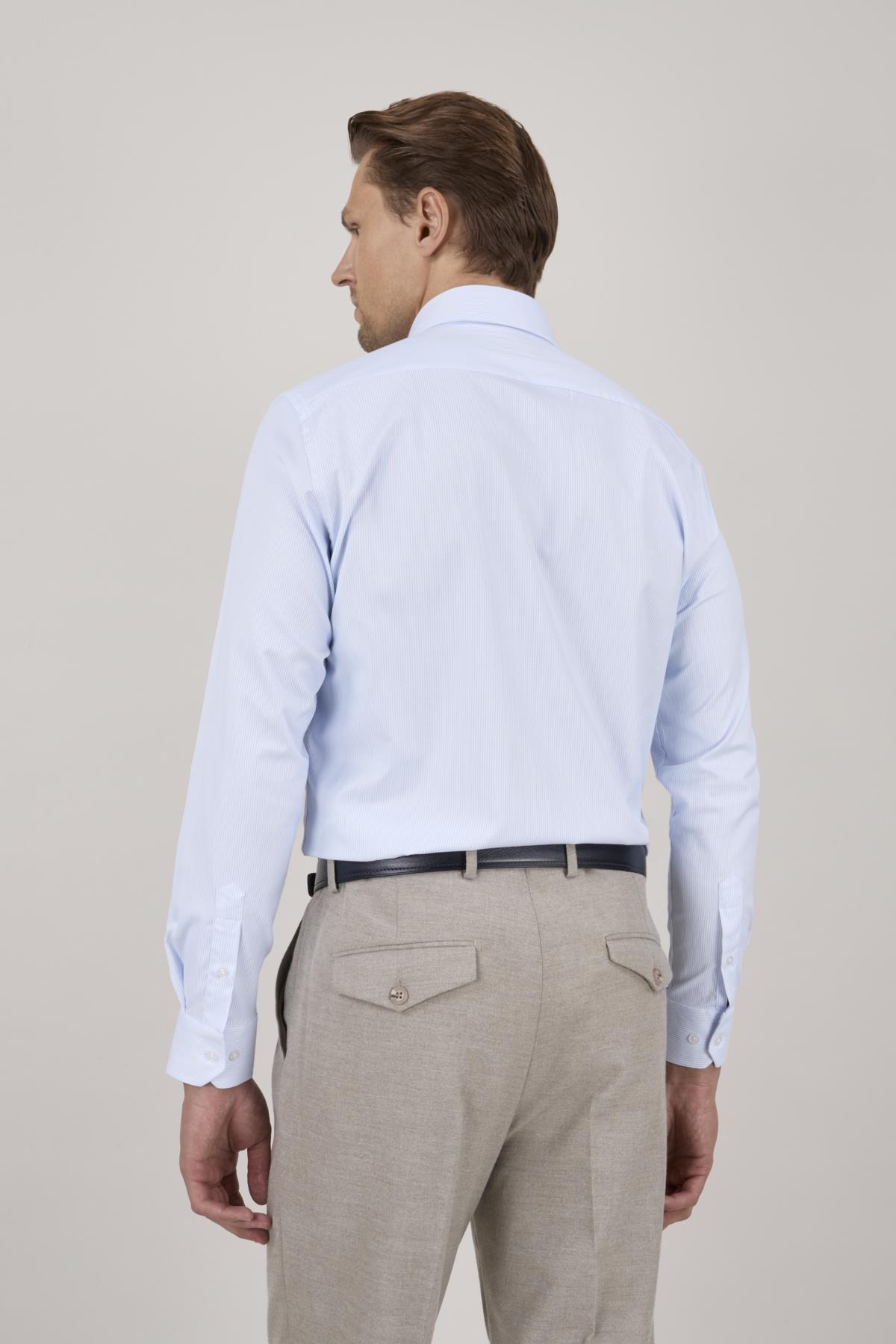 Erkek Slim Fit Çizgili Açık Mavi Gömlek