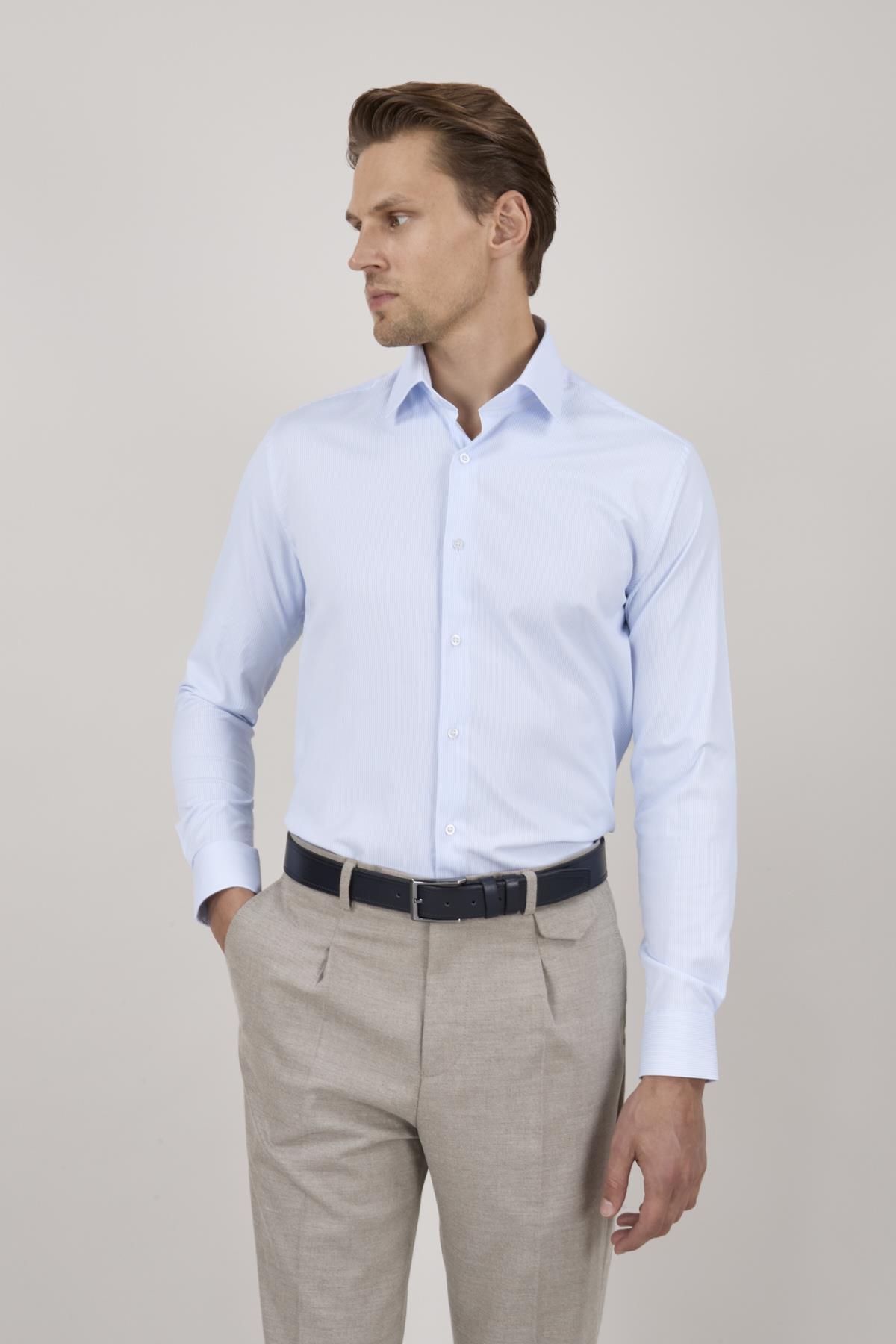 Erkek Slim Fit Çizgili Açık Mavi Gömlek