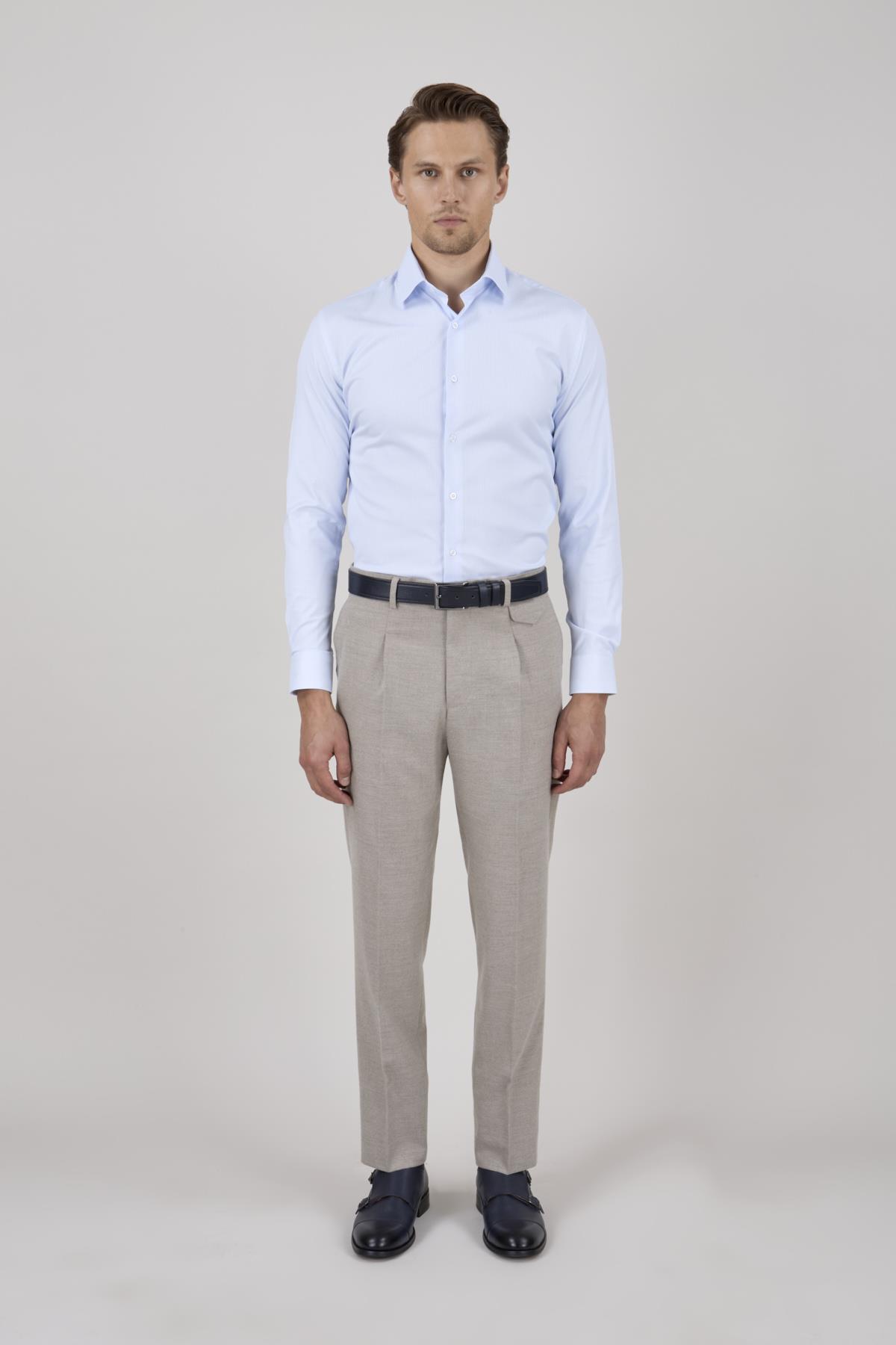 Erkek Slim Fit Çizgili Açık Mavi Gömlek