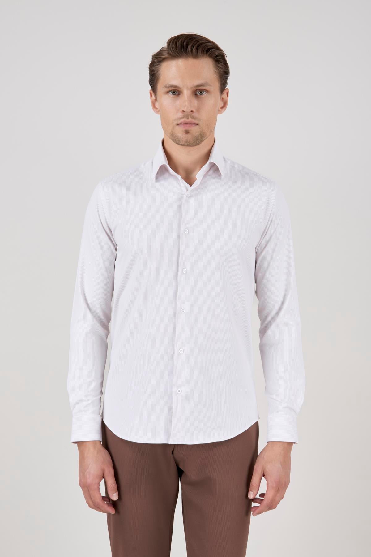 Erkek Slim Fit Çizgili Bej Gömlek