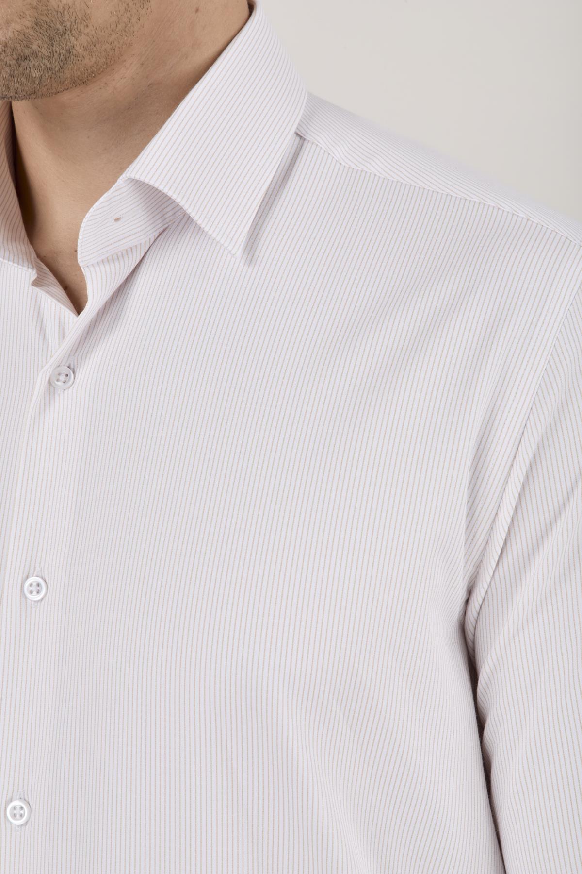 Erkek Slim Fit Çizgili Bej Gömlek
