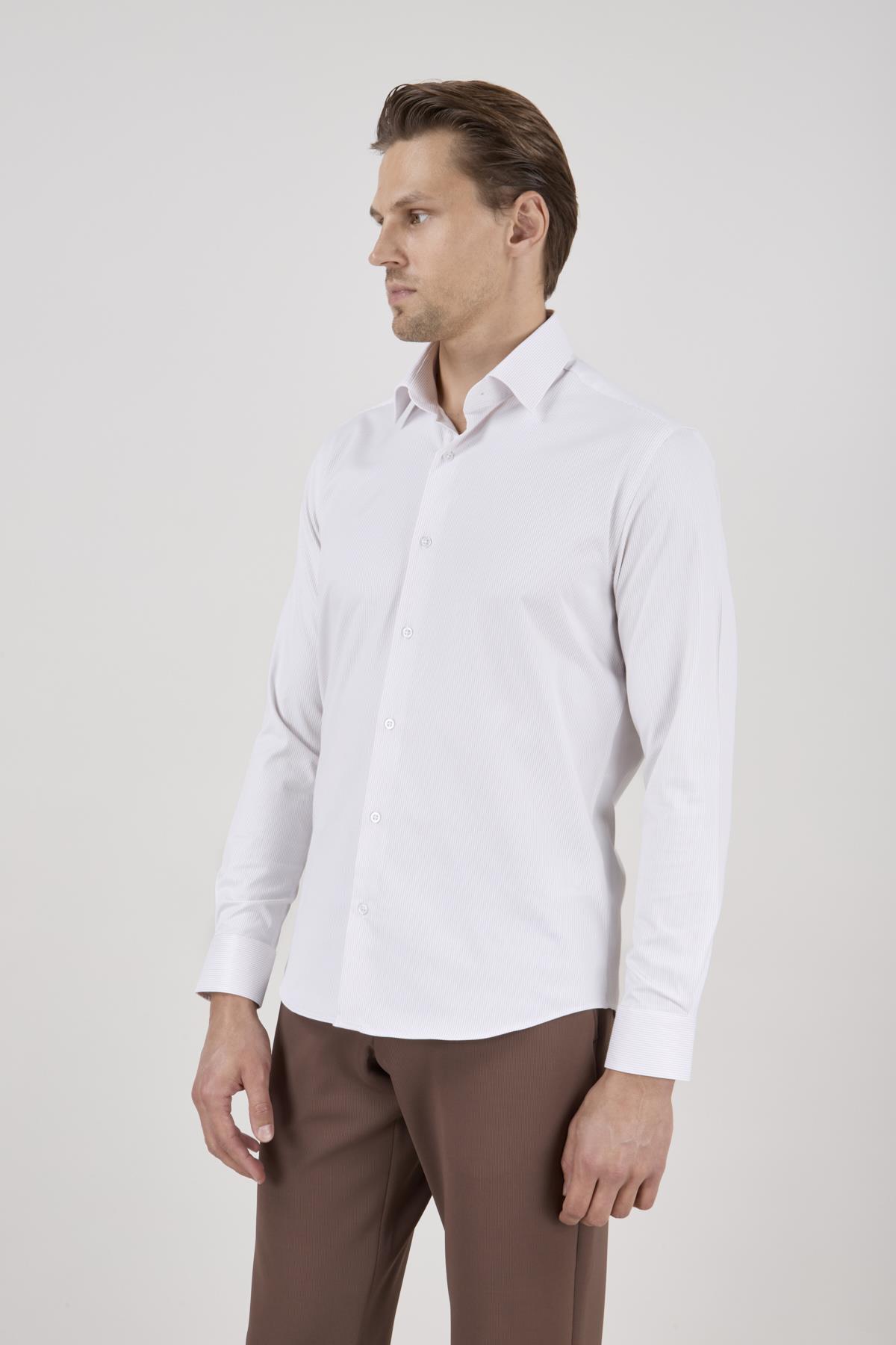 Erkek Slim Fit Çizgili Bej Gömlek