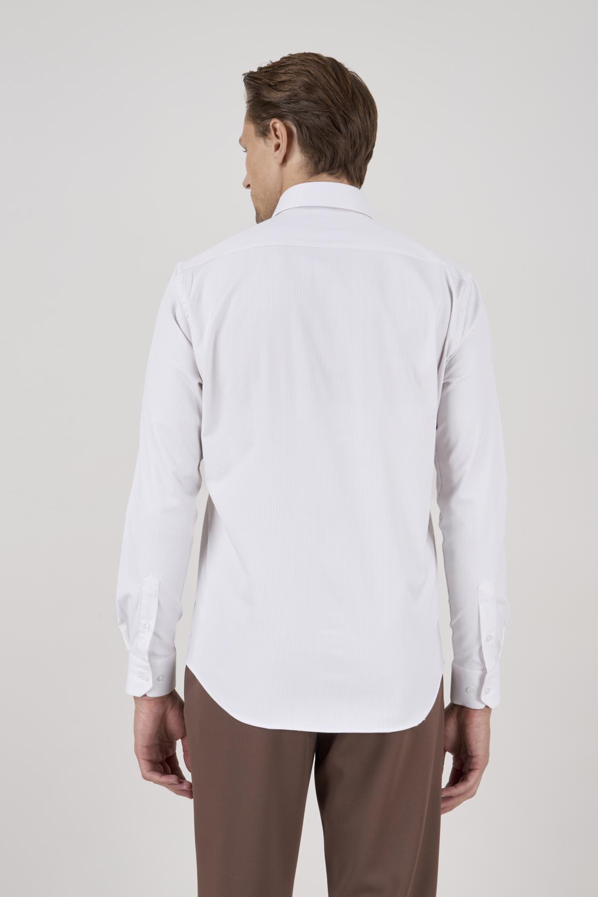 Erkek Slim Fit Çizgili Bej Gömlek