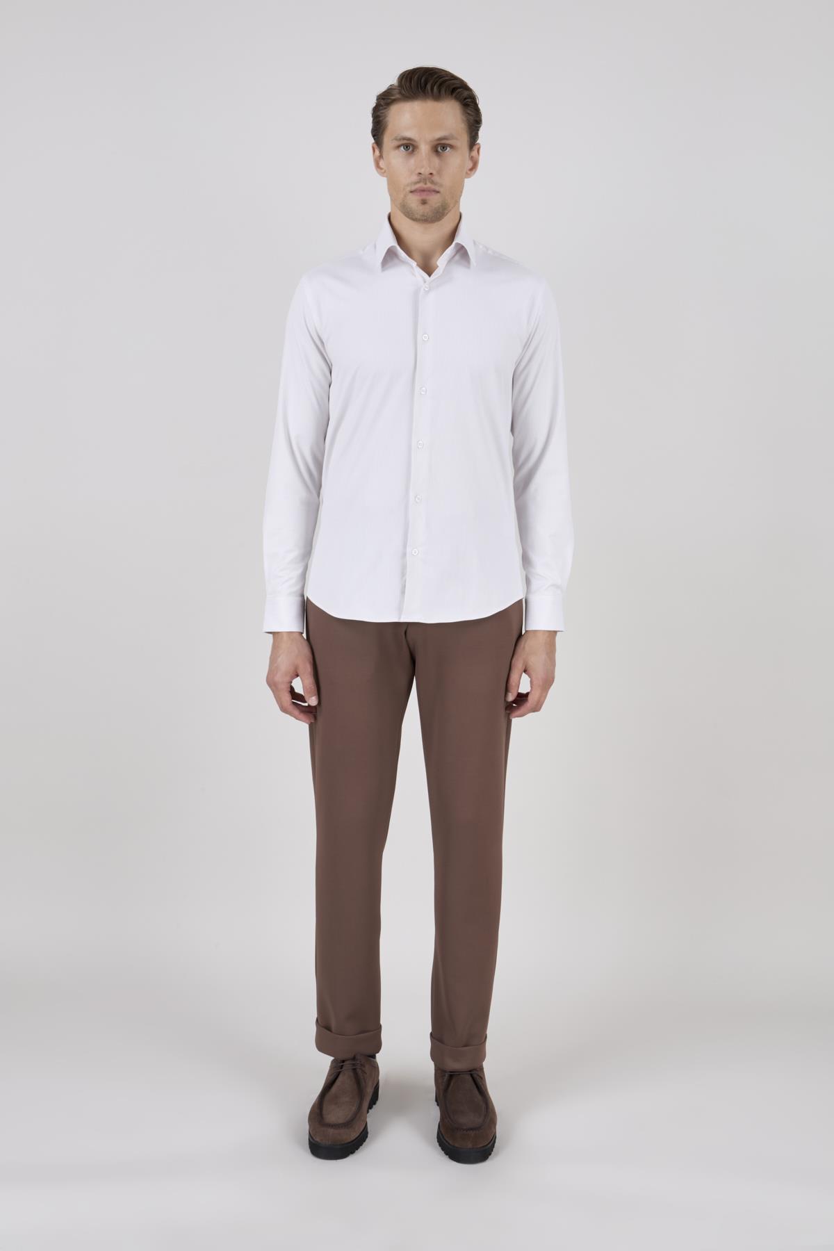 Erkek Slim Fit Çizgili Bej Gömlek