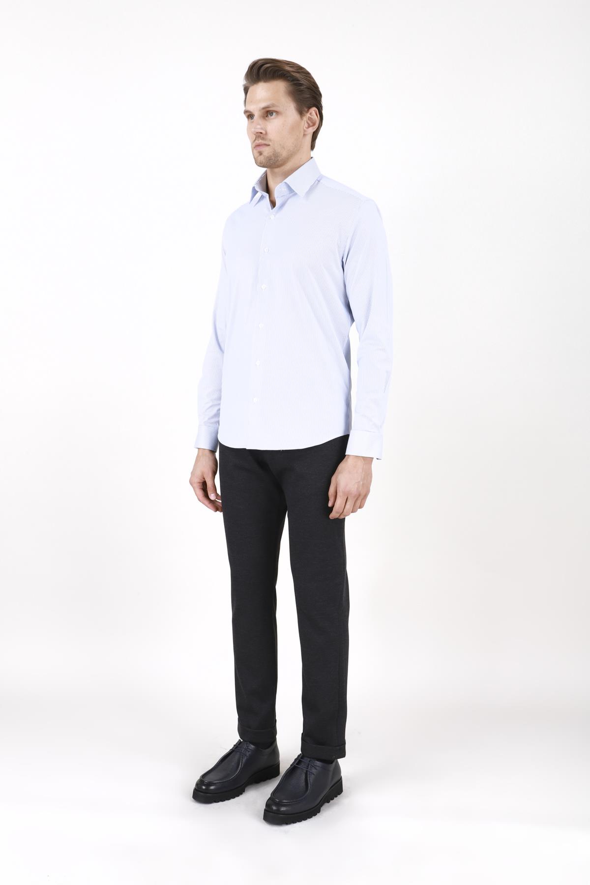 Erkek Slim Fit Çizgili Lacivert Gömlek