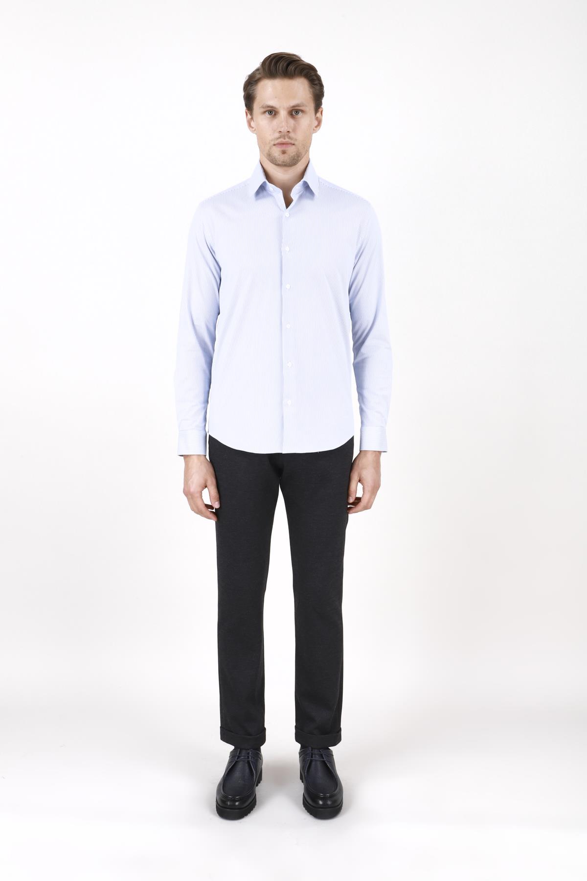 Erkek Slim Fit Çizgili Lacivert Gömlek