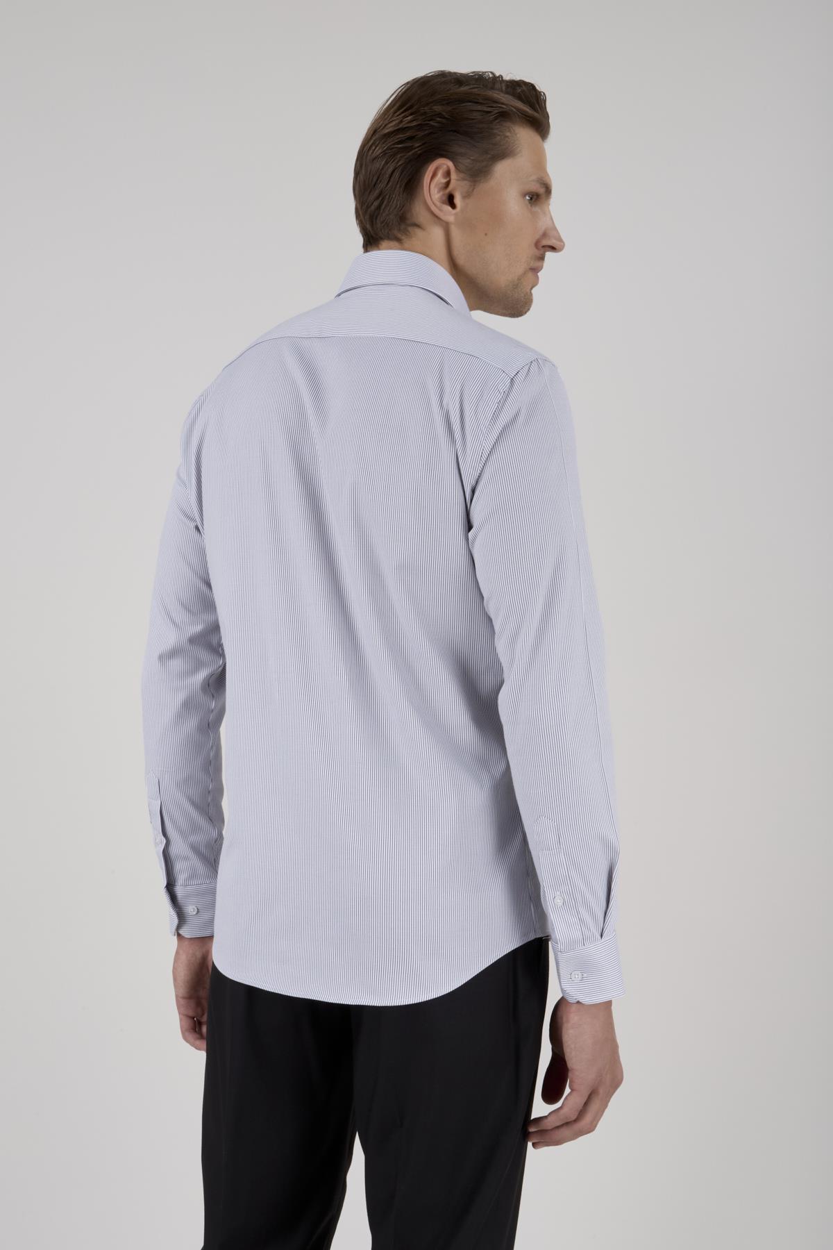 Erkek Slim Fit Çizgili Siyah Gömlek