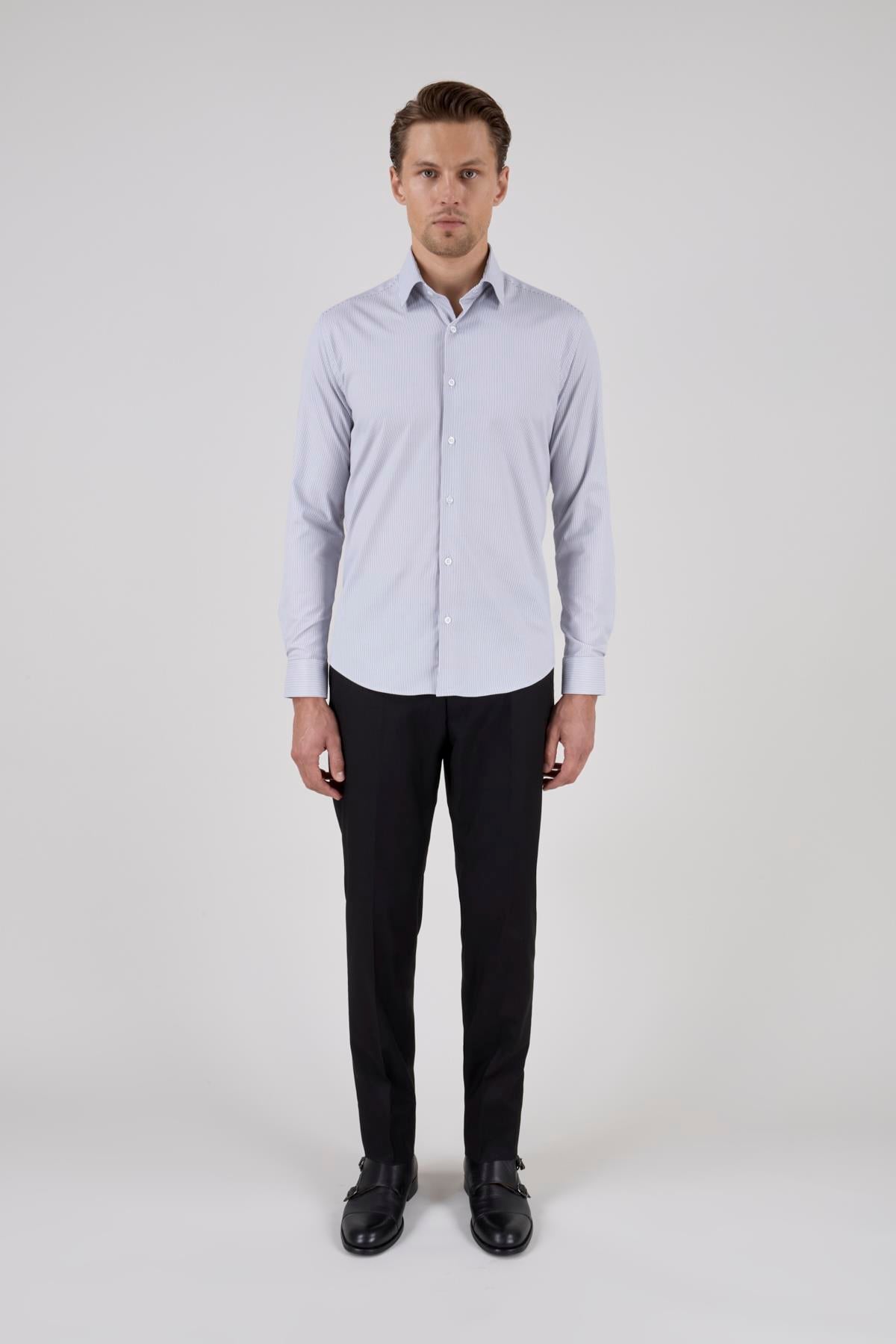 Erkek Slim Fit Çizgili Siyah Gömlek