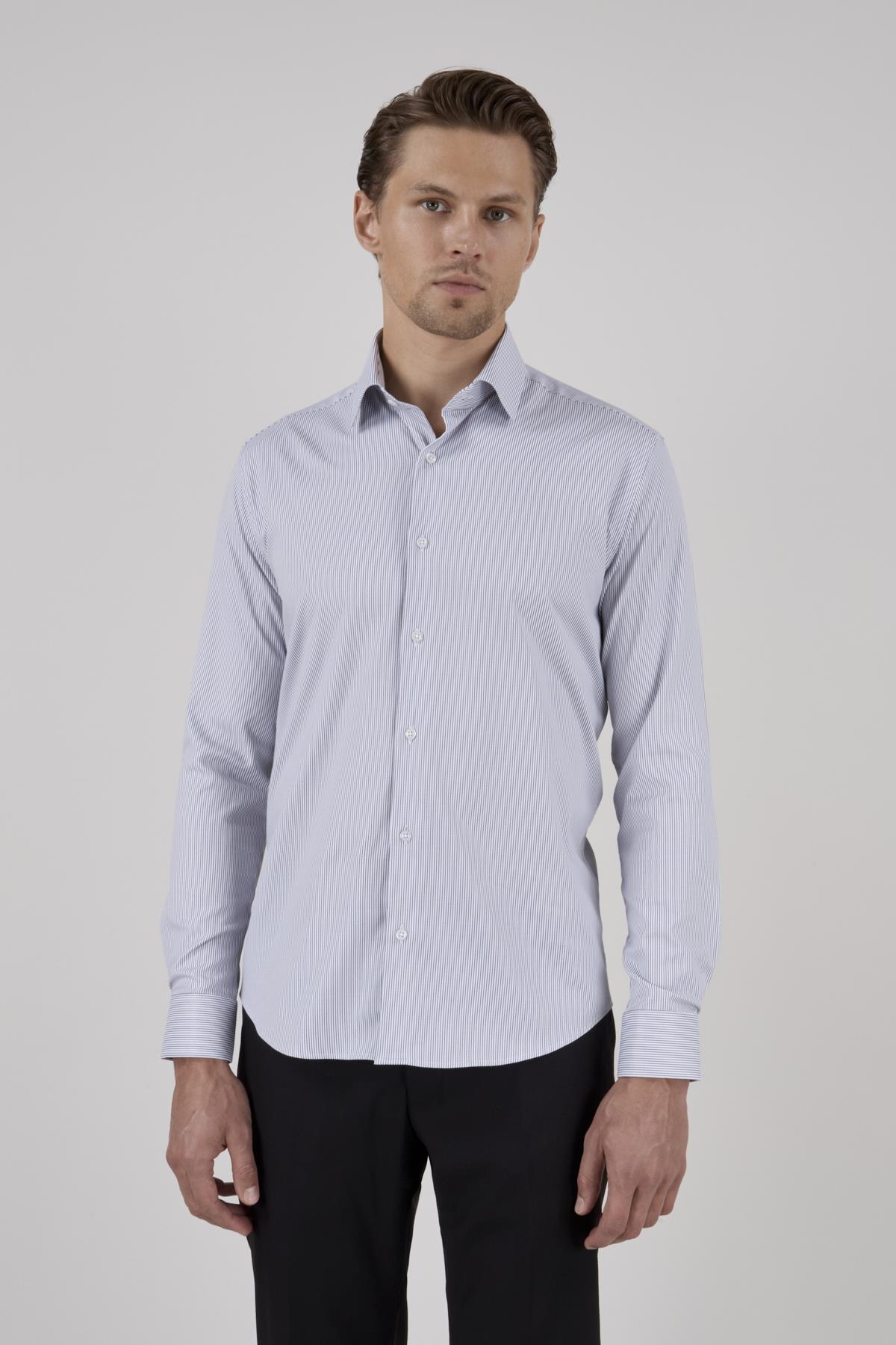 Erkek Slim Fit Çizgili Siyah Gömlek