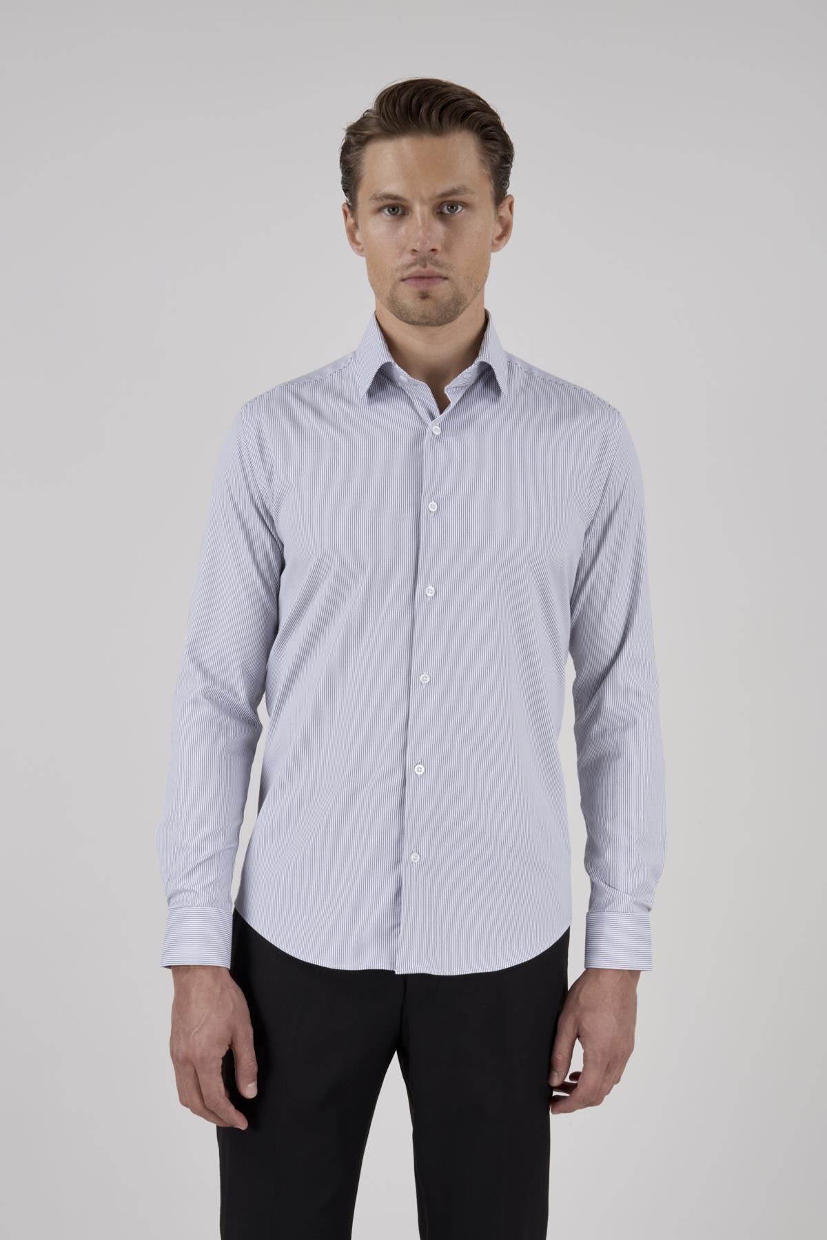 Erkek Slim Fit Çizgili Siyah Gömlek