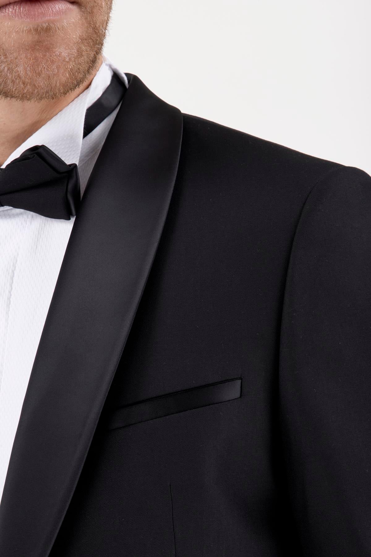 Erkek Slim Fit Damatlık Smokin Şal Yaka Siyah Yelekli Takım Elbise