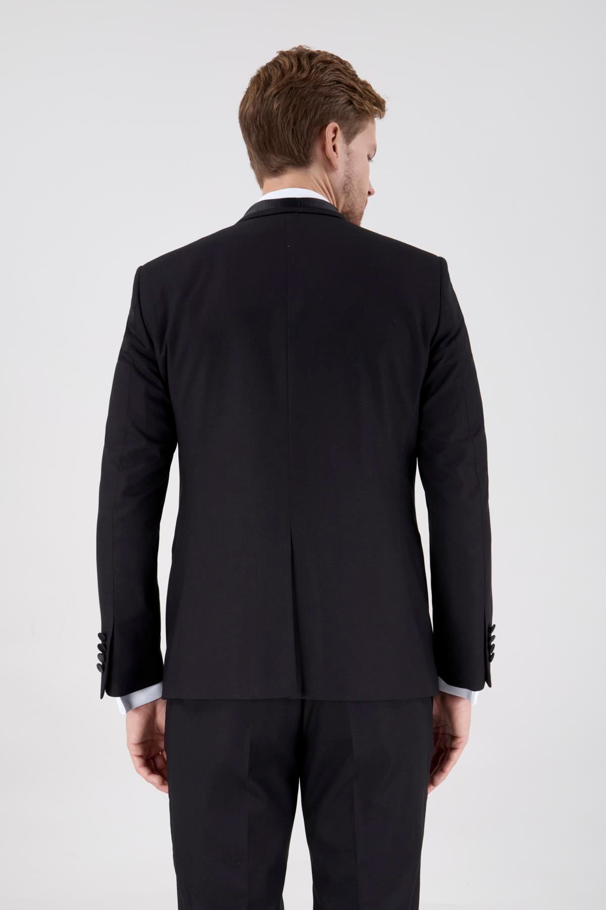 Erkek Slim Fit Damatlık Smokin Şal Yaka Siyah Yelekli Takım Elbise