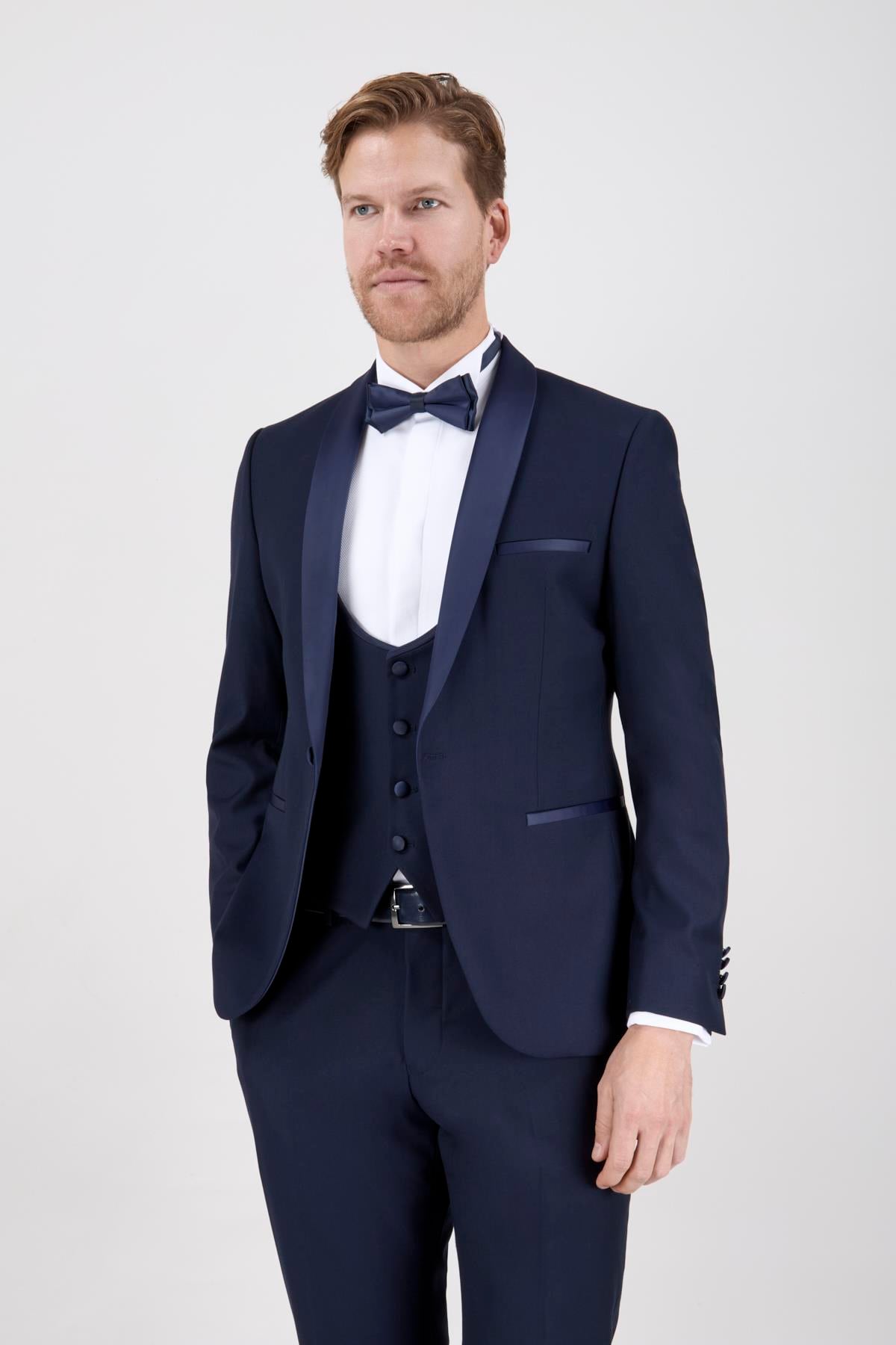 Erkek Slim Fit Damatlık Smokin Şal Yaka Lacivert Yelekli Takım Elbise