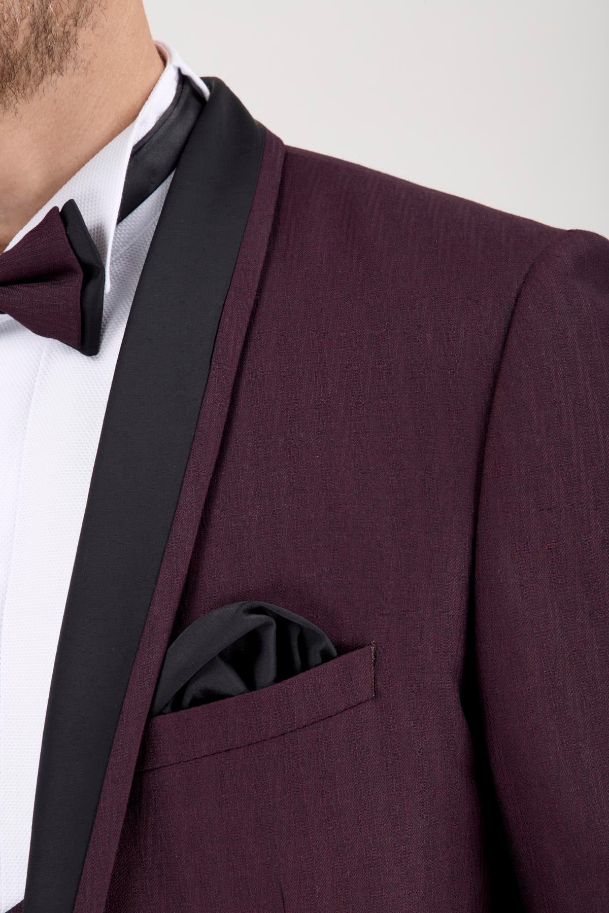 Erkek Slim Fit Damatlık Smokin Şal Yaka Bordo Yelekli Takım Elbise