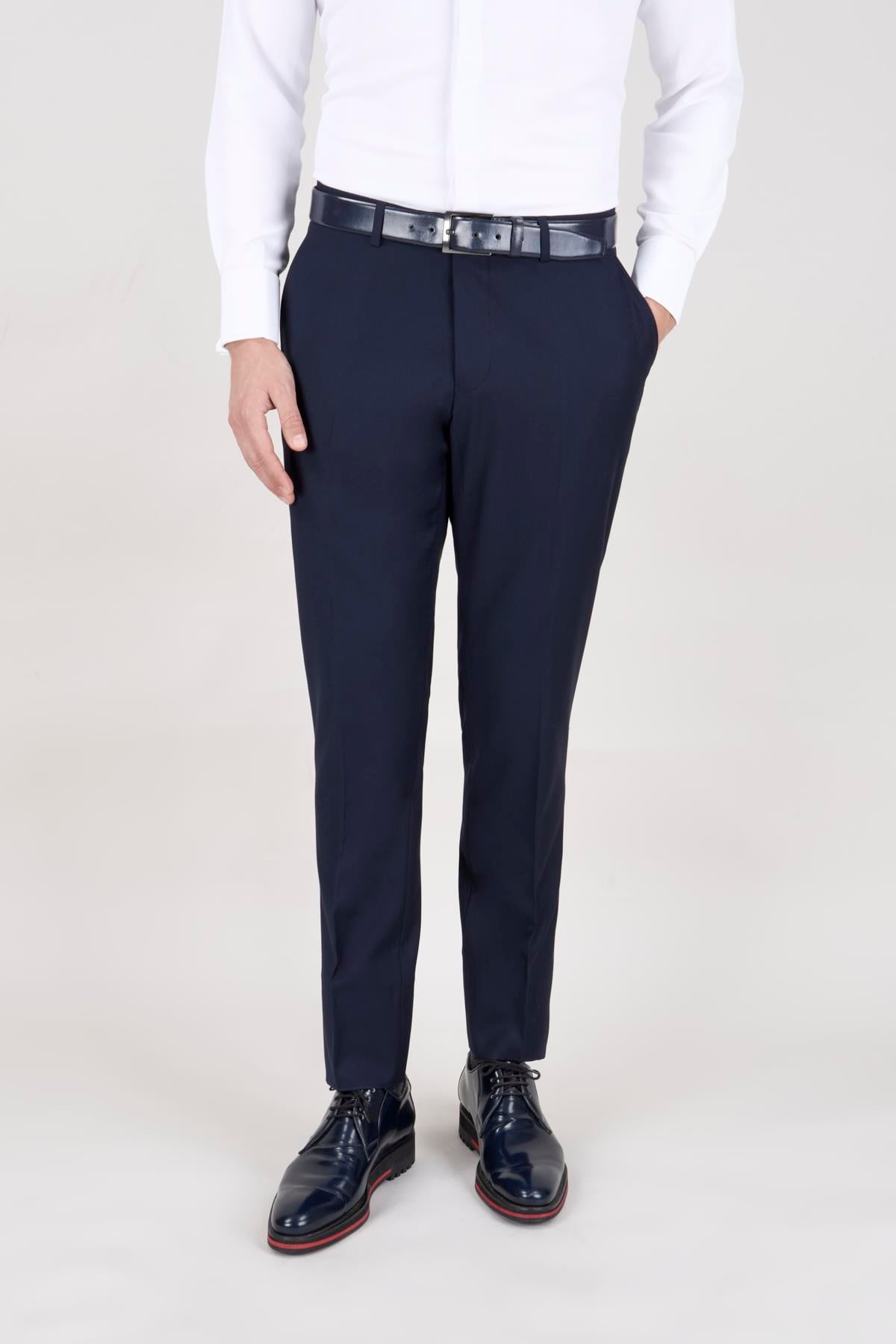 Erkek Slim Fit Damatlık Smokin Şal Yaka Lacivert Yelekli Takım Elbise