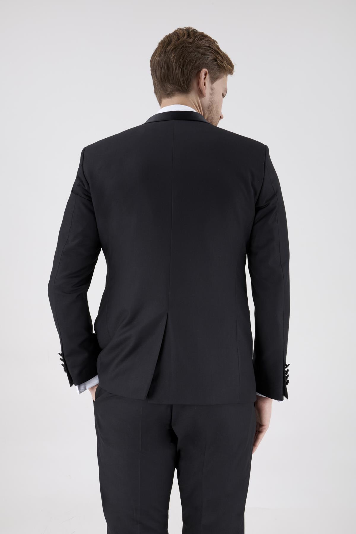 Erkek Slim Fit Damatlık Smokin Şal Yaka Siyah Yelekli Takım Elbise