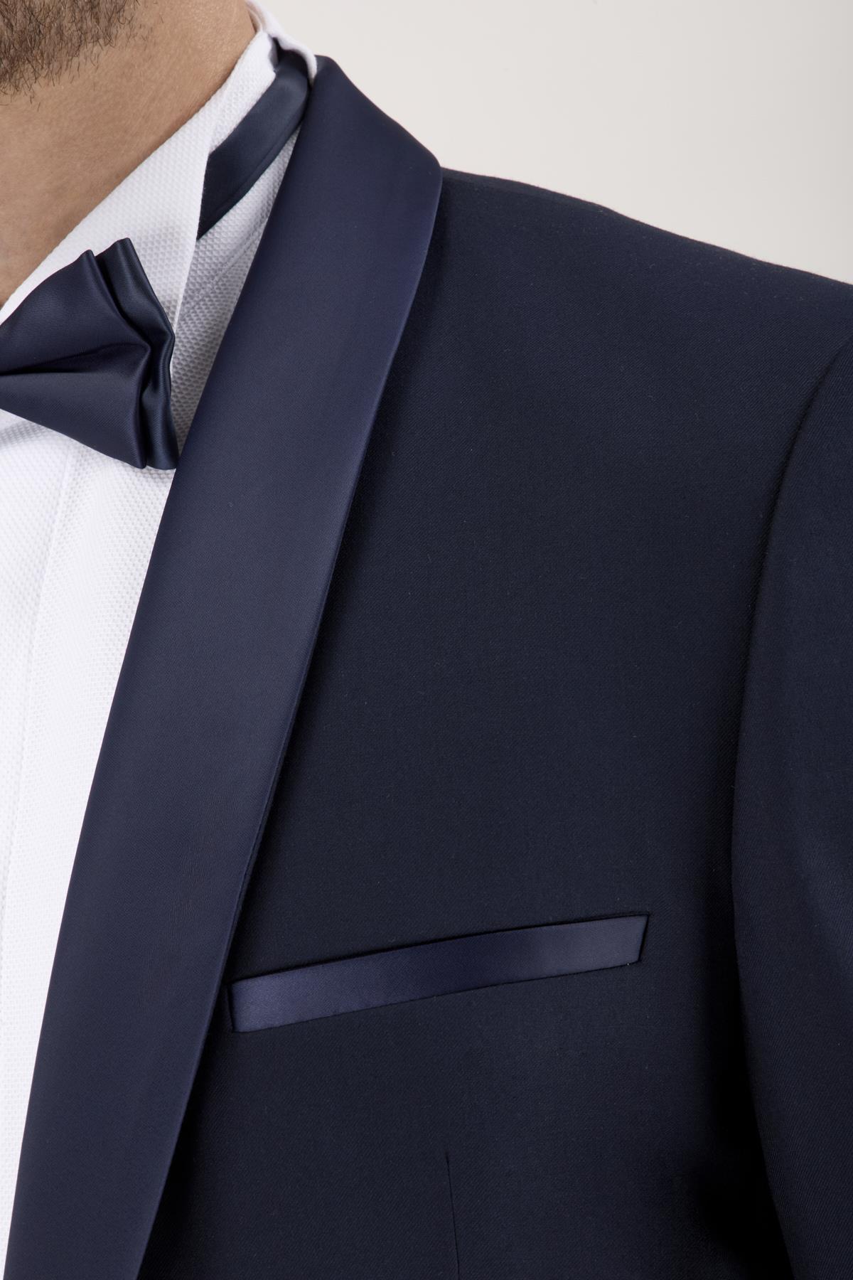 Erkek Slim Fit Damatlık Smokin Şal Yaka Lacivert Yelekli Takım Elbise