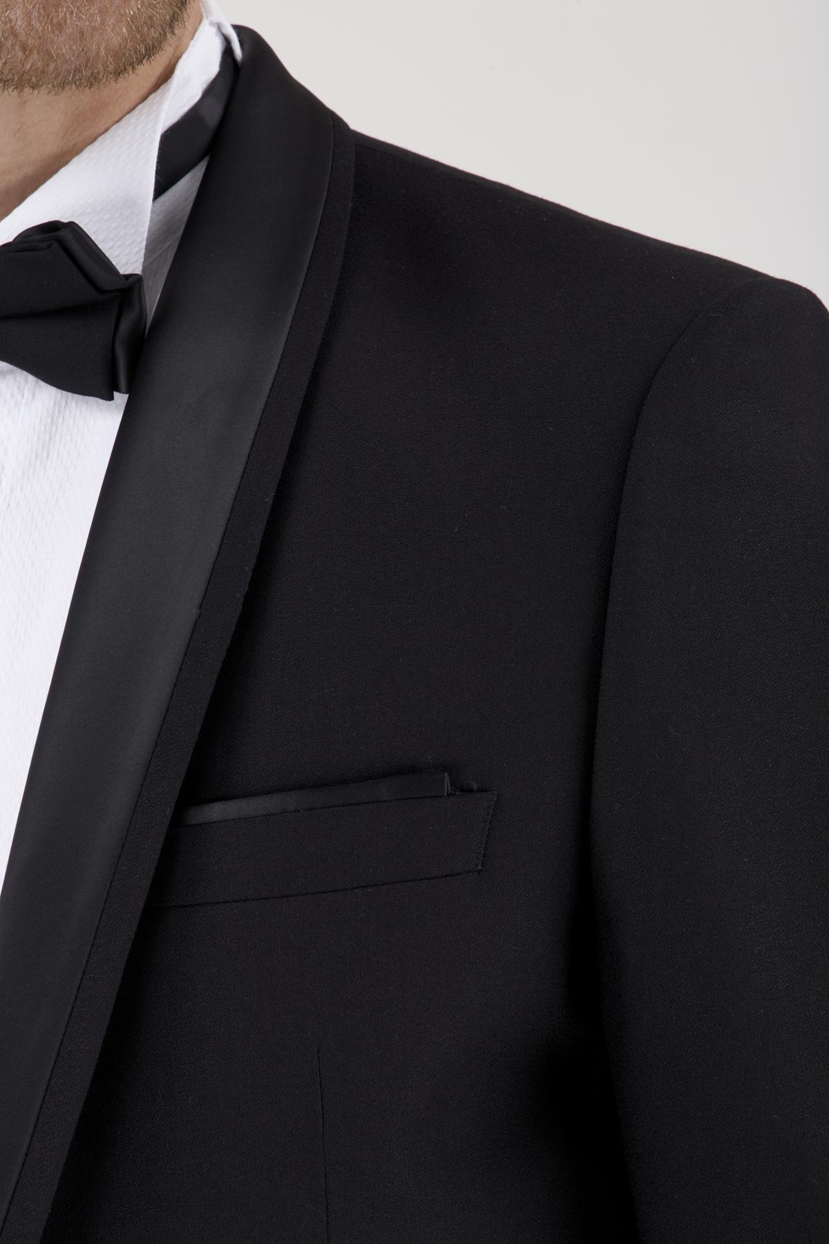 Erkek Slim Fit Damatlık Smokin Şal Yaka Siyah Yelekli Takım Elbise