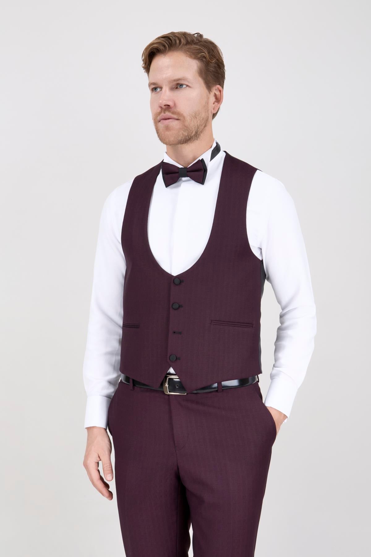Erkek Slim Fit Damatlık Smokin Şal Yaka Bordo Yelekli Takım Elbise