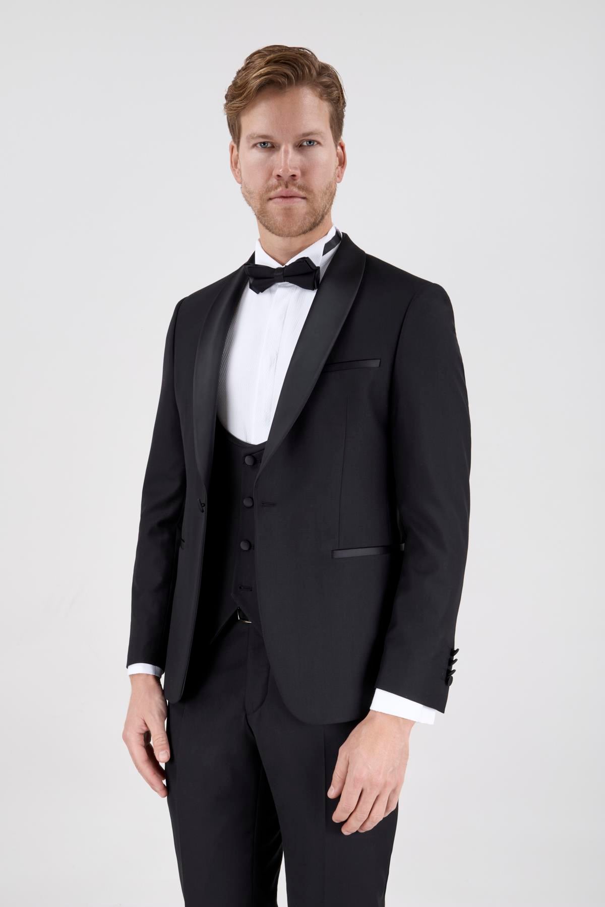 Erkek Slim Fit Damatlık Smokin Şal Yaka Siyah Yelekli Takım Elbise