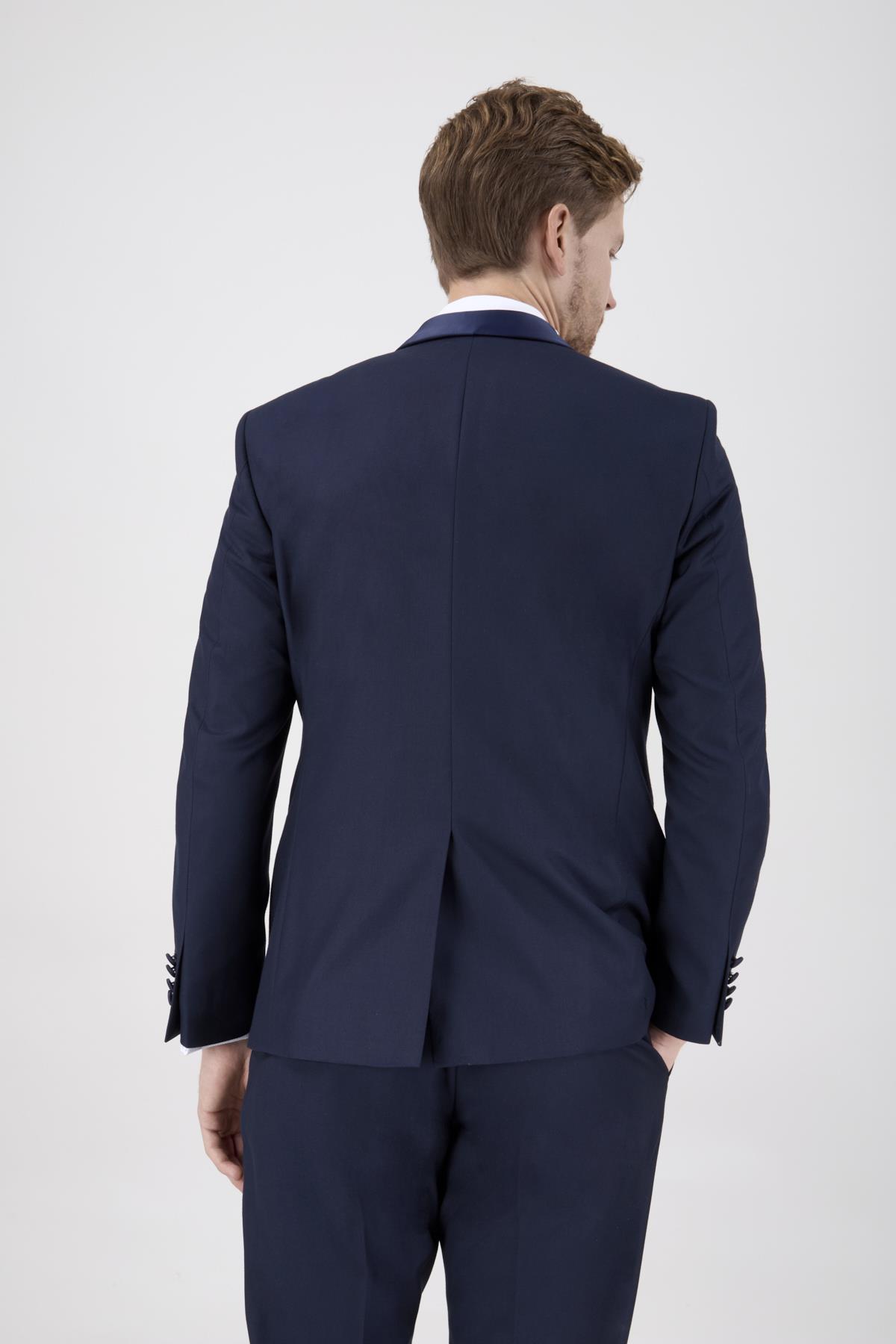Erkek Slim Fit Damatlık Smokin Şal Yaka Lacivert Yelekli Takım Elbise