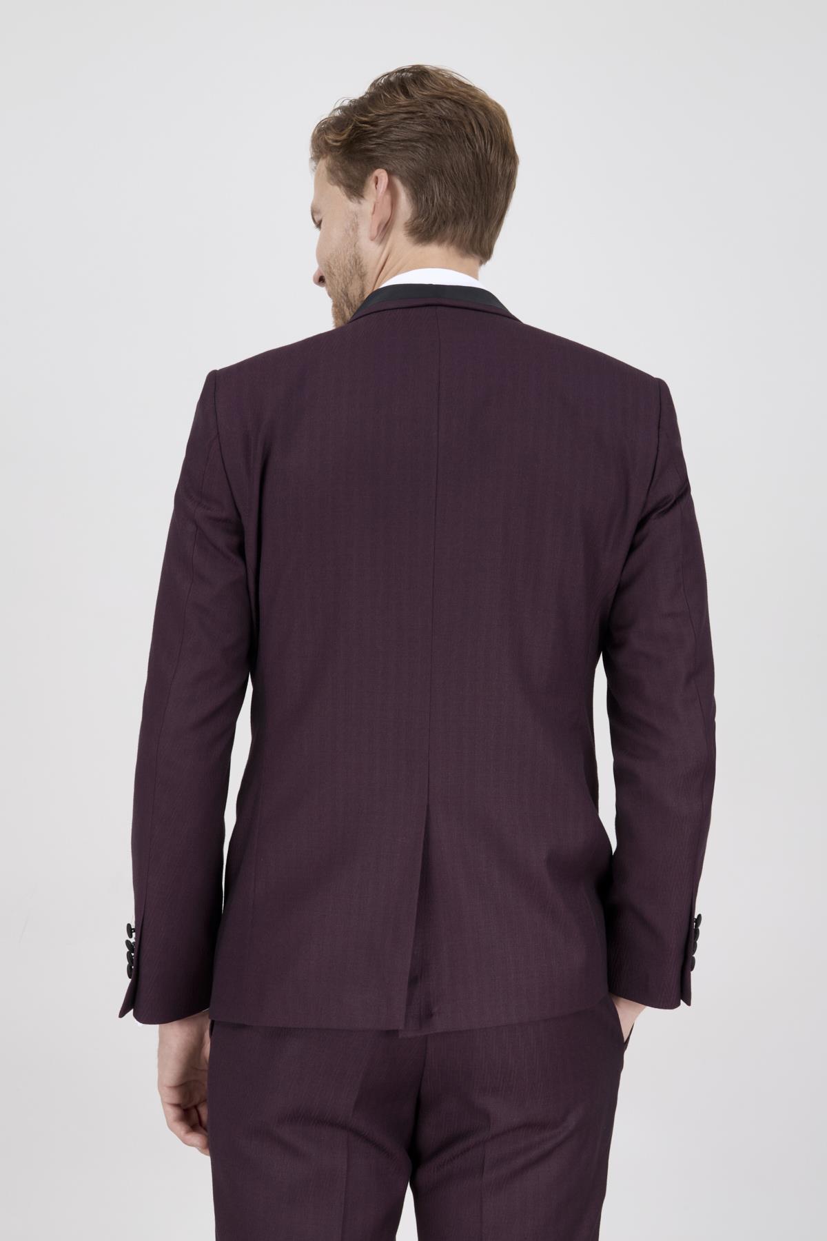 Erkek Slim Fit Damatlık Smokin Şal Yaka Bordo Yelekli Takım Elbise