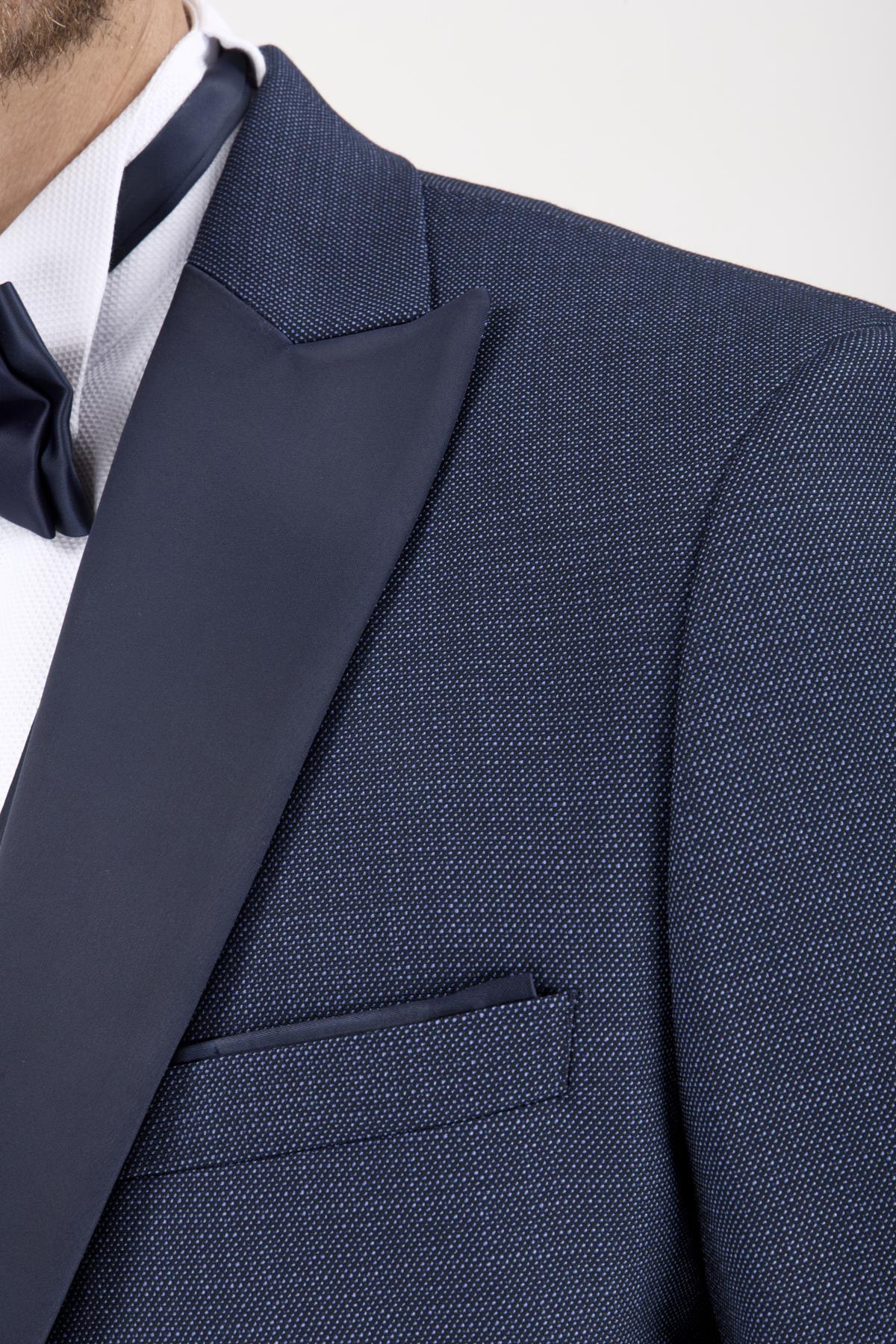 Erkek Slim Fit Damatlık Smokin Saten Sivri Yaka Lacivert Yelekli Takım Elbise 