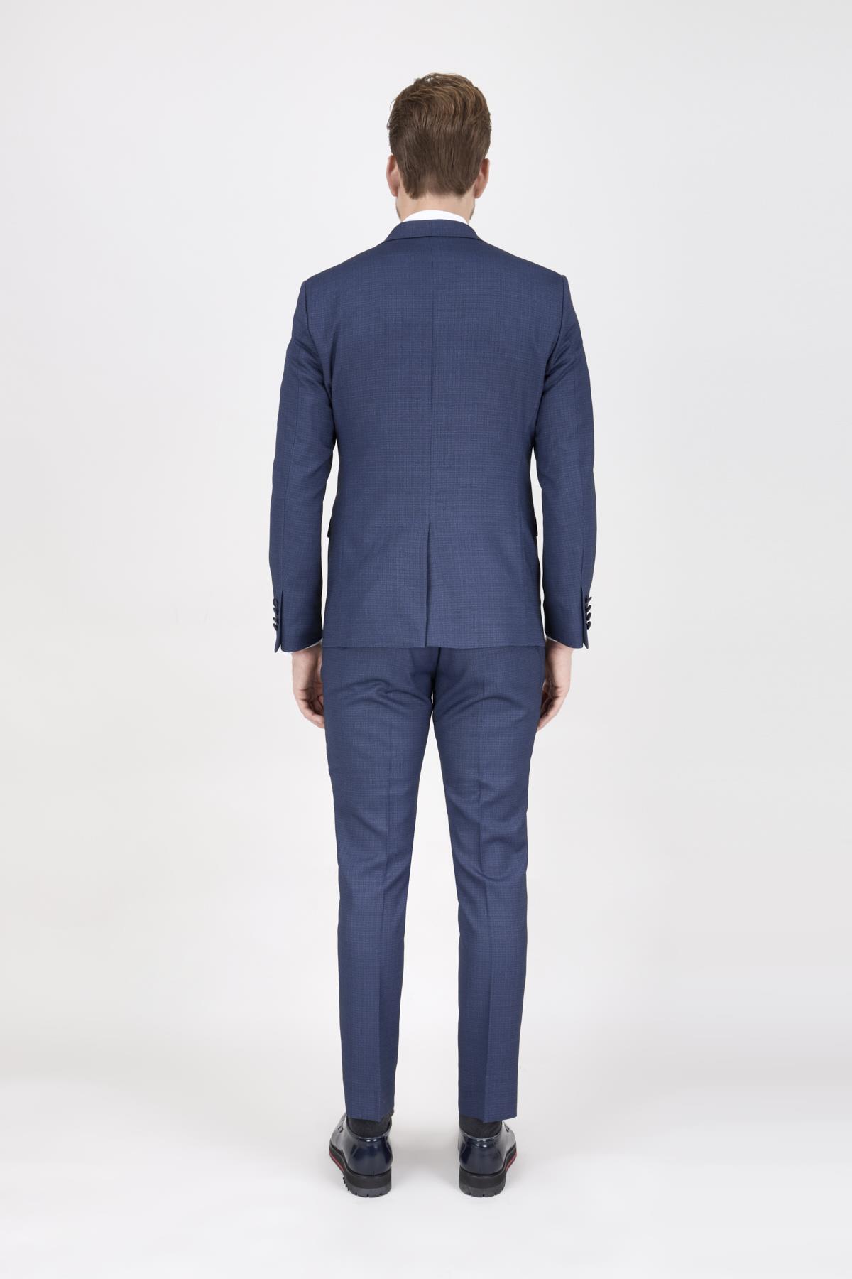 Erkek Slim Fit Damatlık Smokin Saten Sivri Yaka Lacivert Yelekli Takım Elbise 