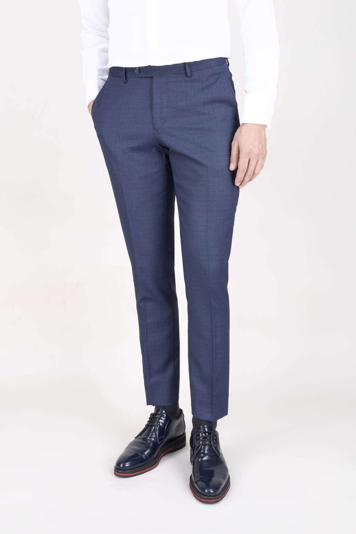Erkek Slim Fit Damatlık Smokin Saten Sivri Yaka Lacivert Yelekli Takım Elbise 