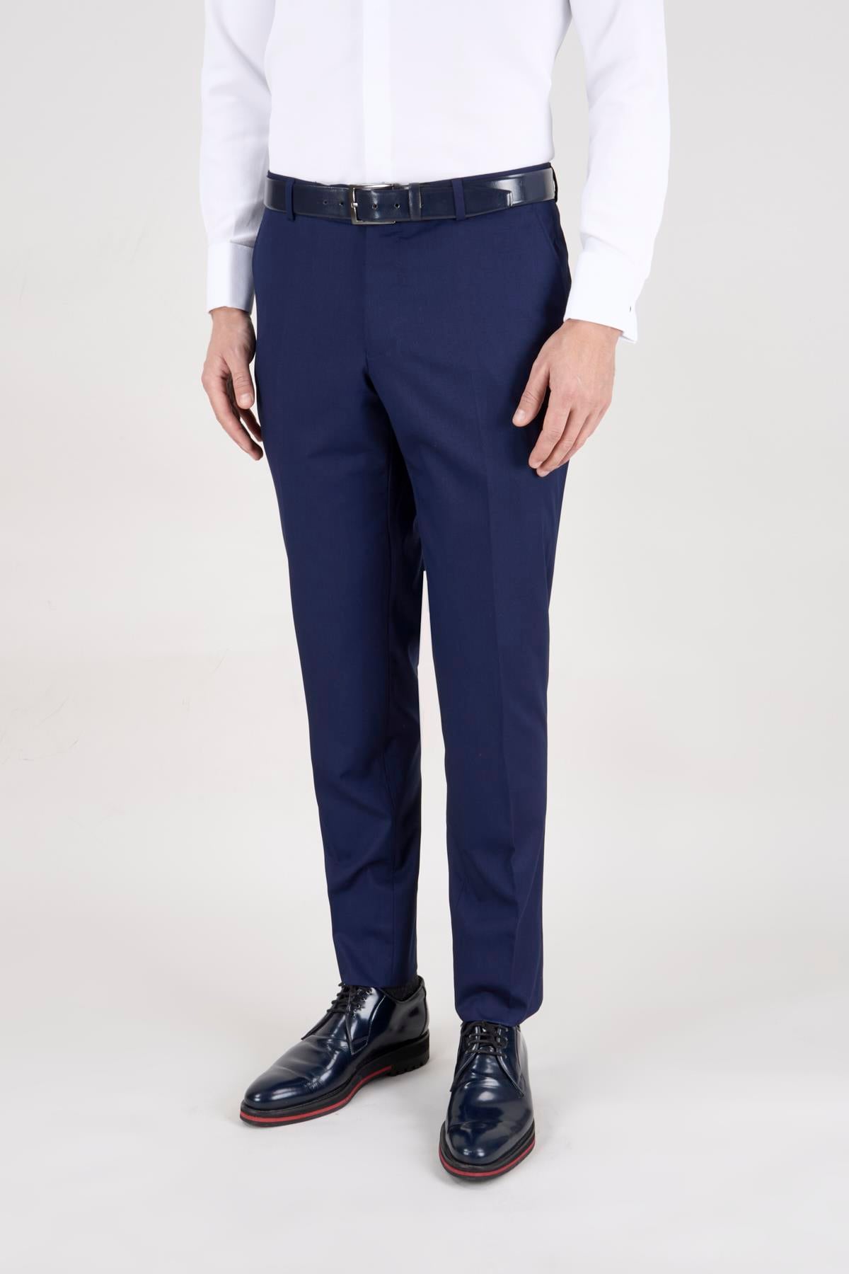 Erkek Slim Fit Damatlık Smokin Sivri Yaka Açık Lacivert Yelekli Takım Elbise