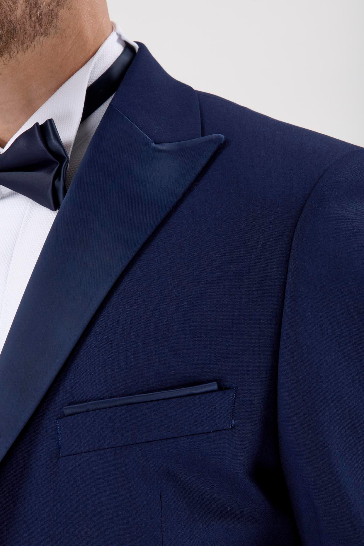 Erkek Slim Fit Damatlık Smokin Sivri Yaka Açık Lacivert Yelekli Takım Elbise
