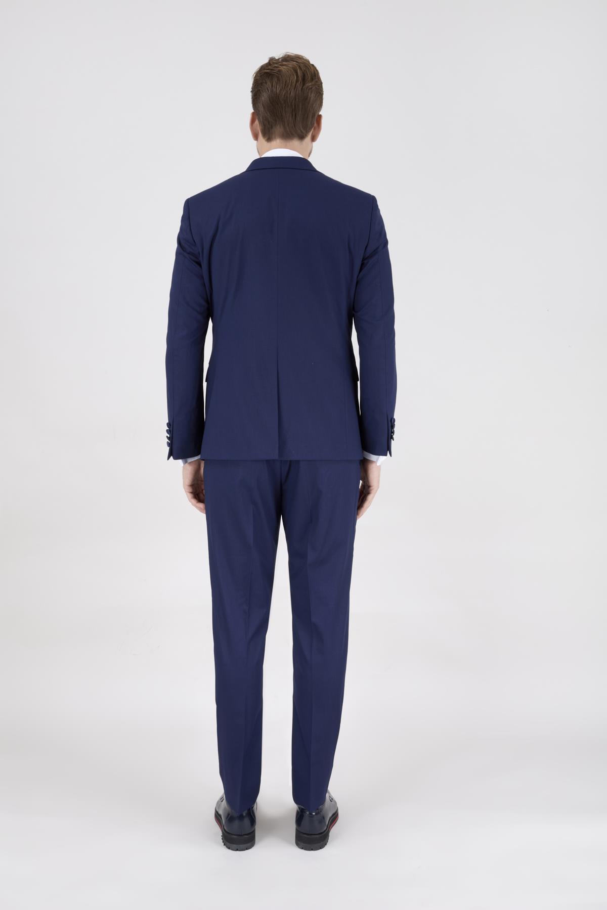 Erkek Slim Fit Damatlık Smokin Sivri Yaka Açık Lacivert Yelekli Takım Elbise