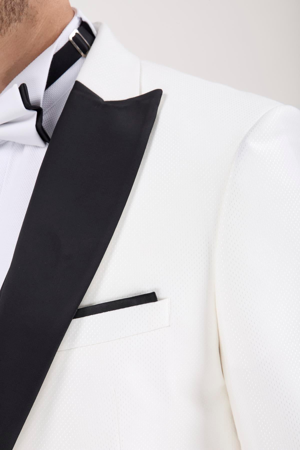 Erkek Slim Fit Damatlık Smokin Sivri Yaka Krem Rengi Yelekli Takım Elbise