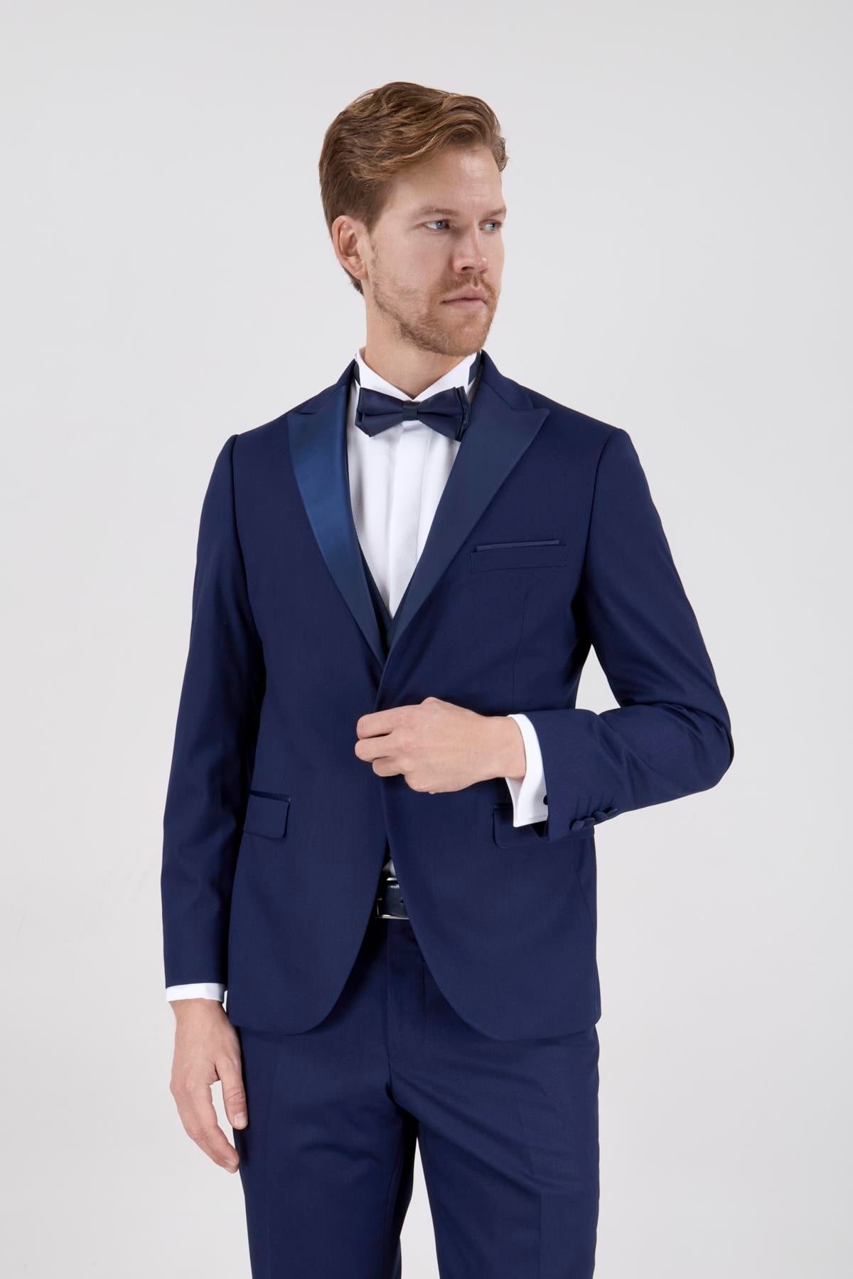 Erkek Slim Fit Damatlık Smokin Sivri Yaka Açık Lacivert Yelekli Takım Elbise