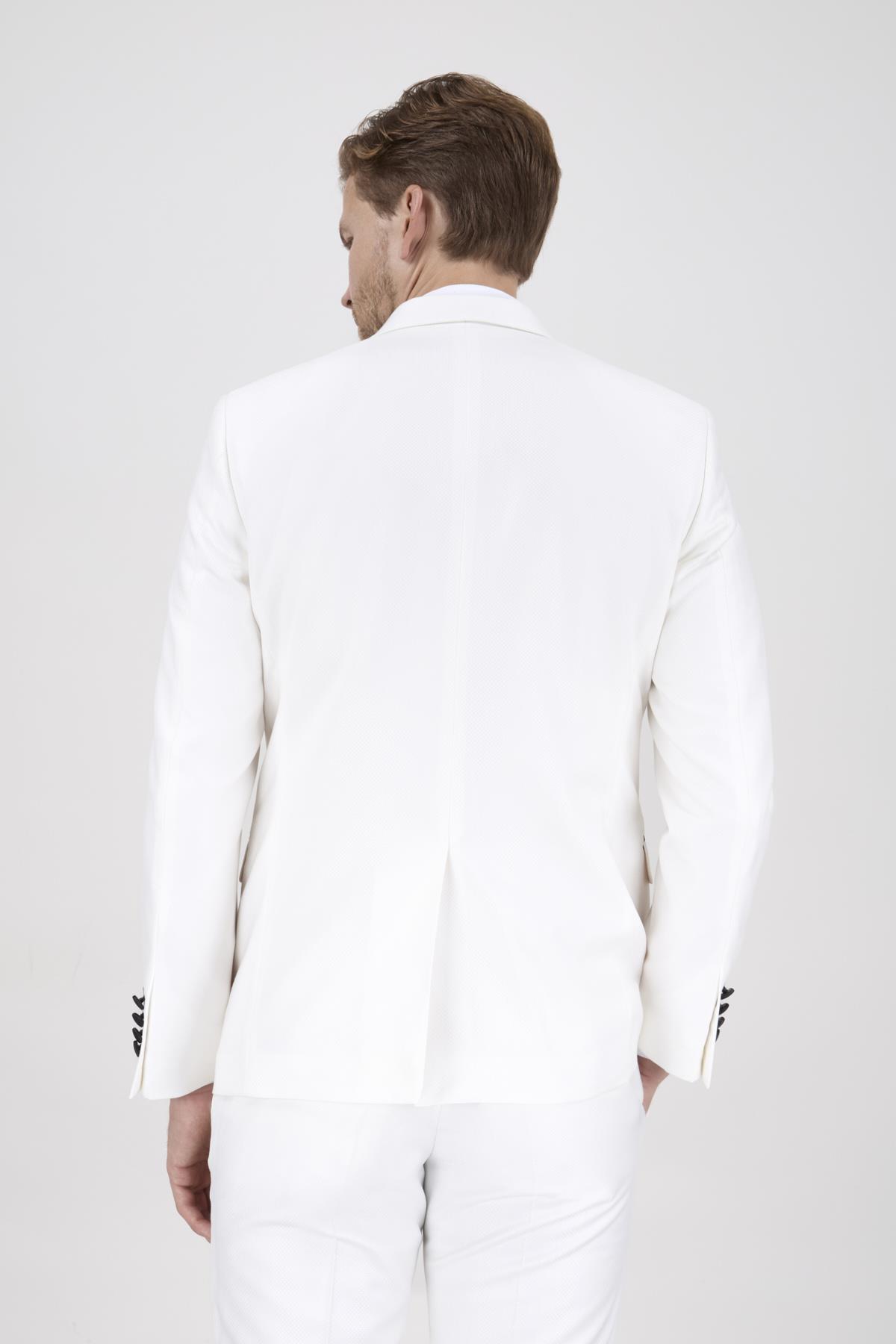 Erkek Slim Fit Damatlık Smokin Sivri Yaka Krem Rengi Yelekli Takım Elbise