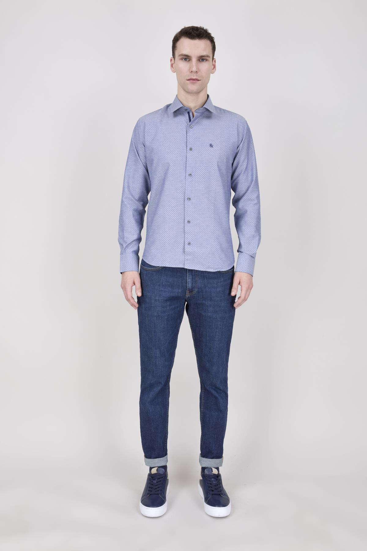 Erkek Slim Fit Dar Yaka Lacivert Gömlek