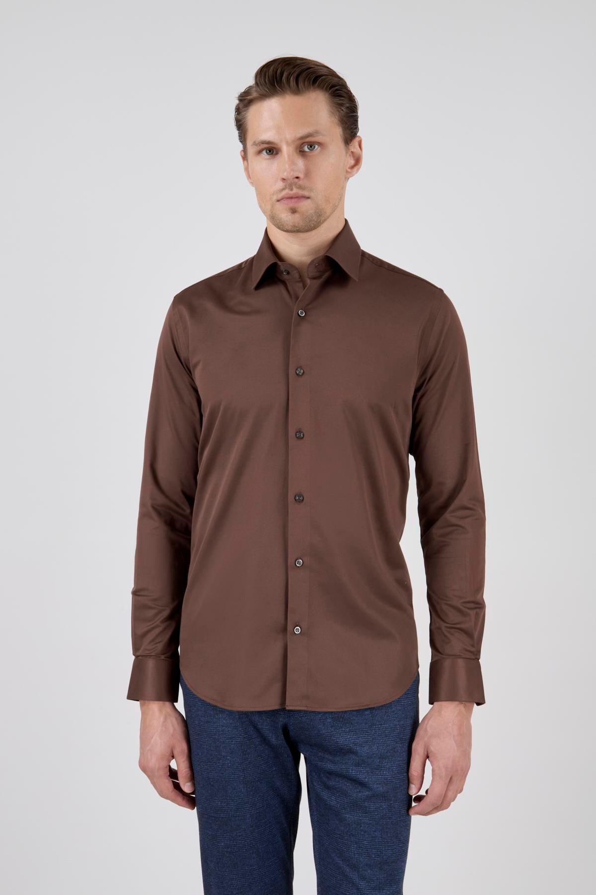 Erkek Slim Fit Kahverengi Gömlek