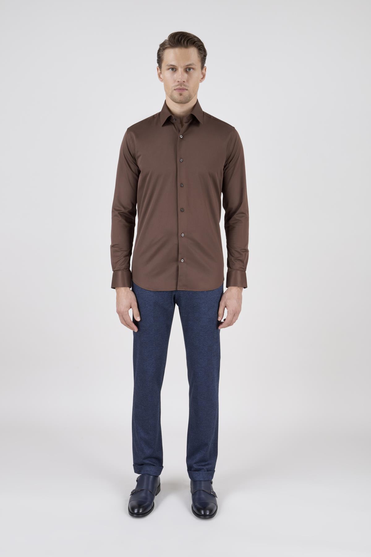 Erkek Slim Fit Kahverengi Gömlek
