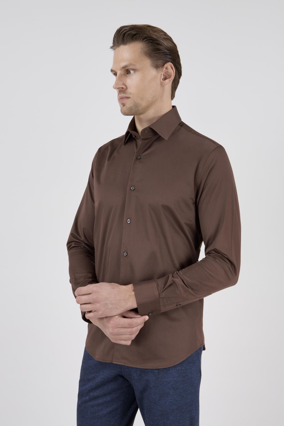 Erkek Slim Fit Kahverengi Gömlek