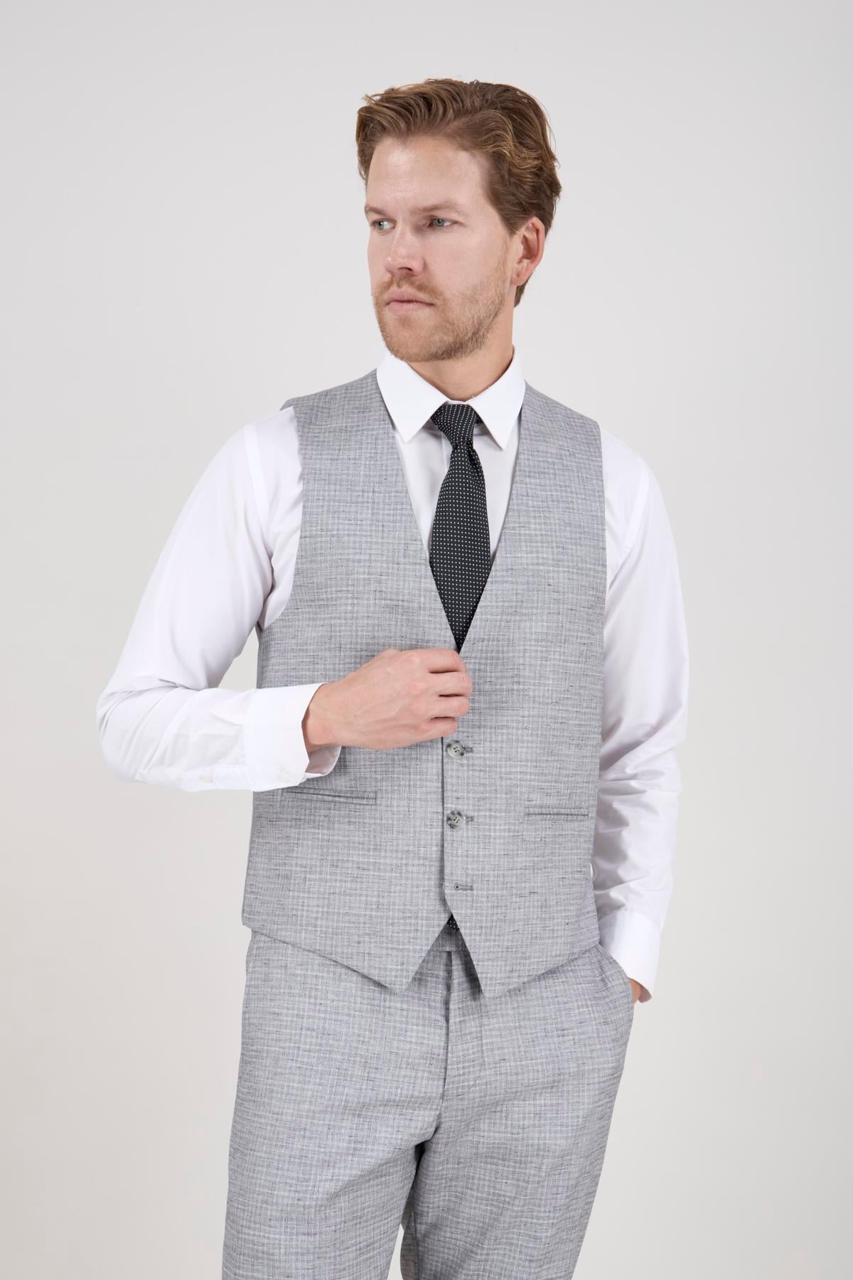 Erkek Slim Fit Mono Yaka Ekose Açık Gri 8 Drop Kombin Yelekli Takım Elbise