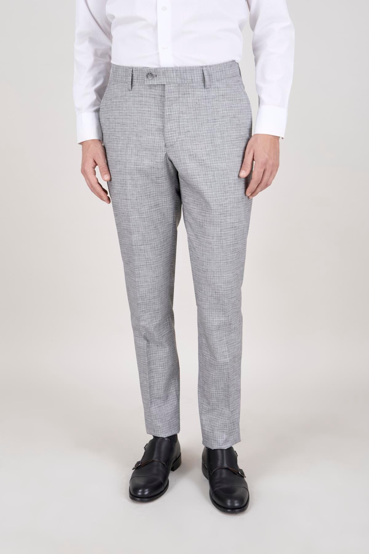 Erkek Slim Fit Mono Yaka Ekose Açık Gri 8 Drop Kombin Yelekli Takım Elbise