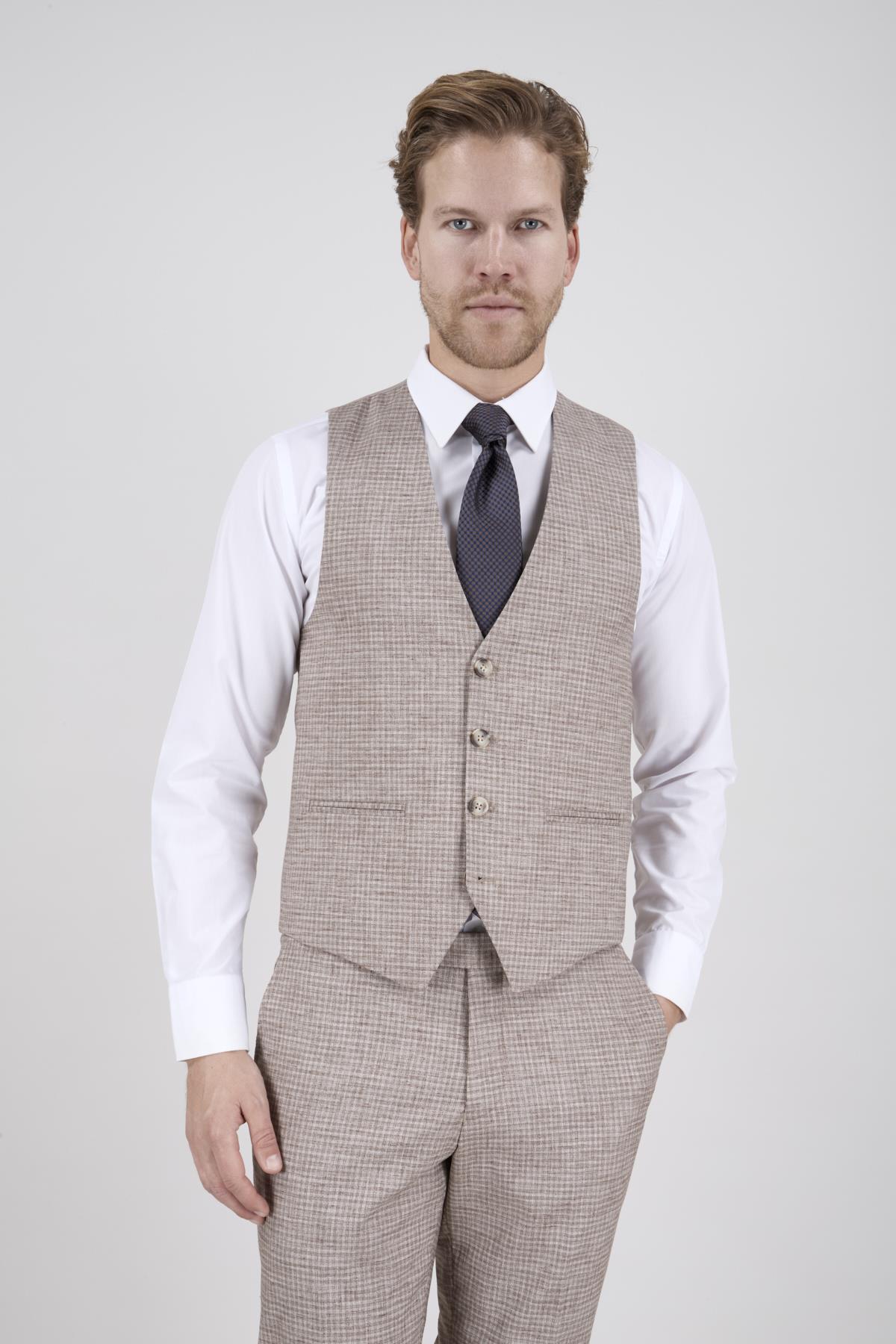 Erkek Slim Fit Mono Yaka Ekose Açık Kahverengi 8 Drop Kombin Yelekli Takım Elbise