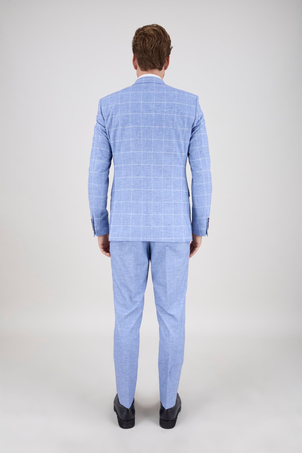 Erkek Slim Fit Mono Yaka Ekose Açık Mavi 8 Drop Kombin Yelekli Takım Elbise