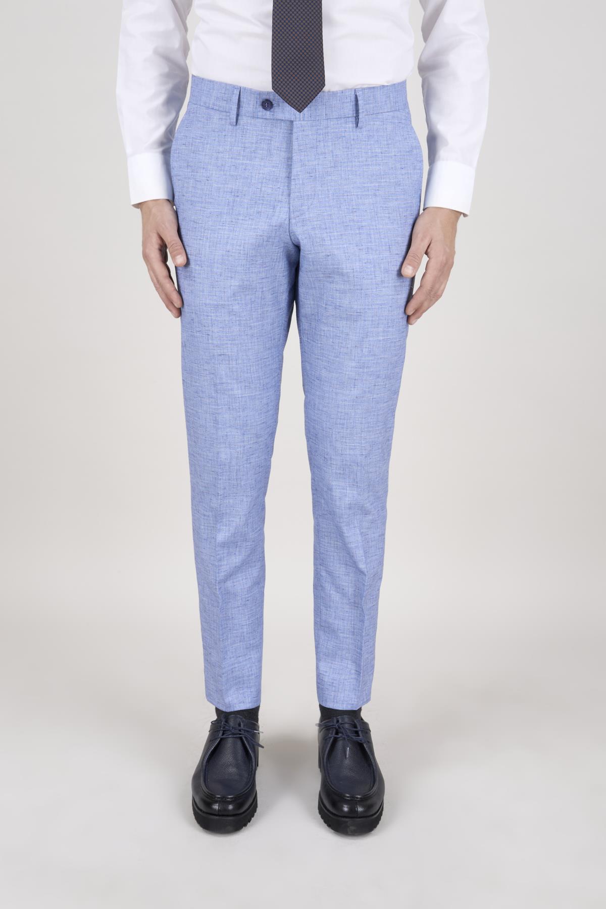 Erkek Slim Fit Mono Yaka Ekose Açık Mavi 8 Drop Kombin Yelekli Takım Elbise