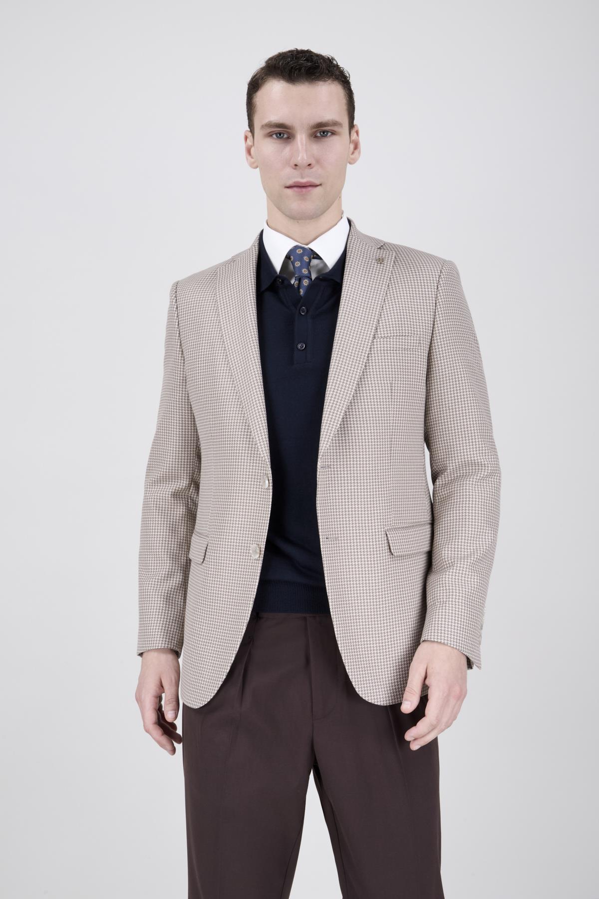 Erkek Slim Fit Mono Yaka Bej Ceket